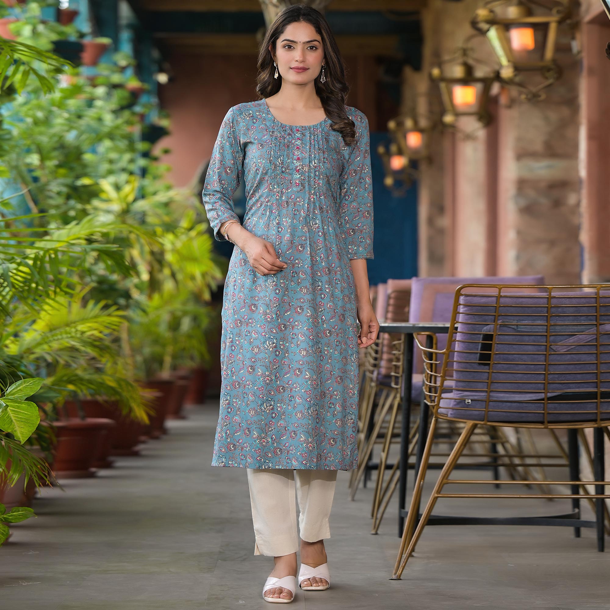 Bluish Grey Floral Printed Rayon Straight kurti