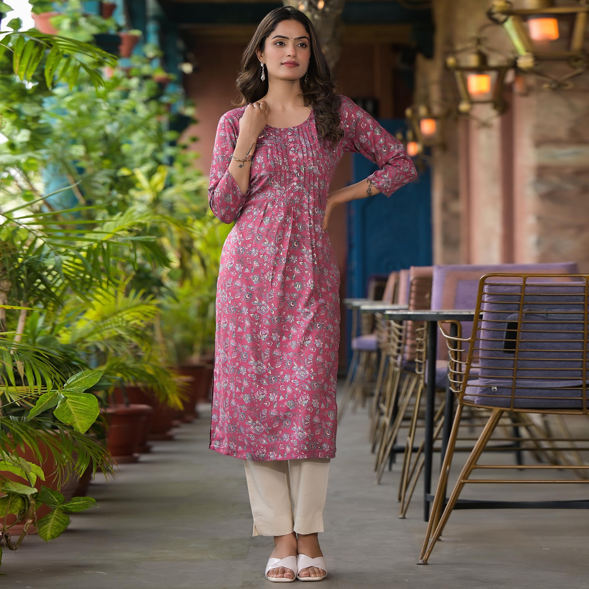 Pink Floral Printed Rayon Straight kurti