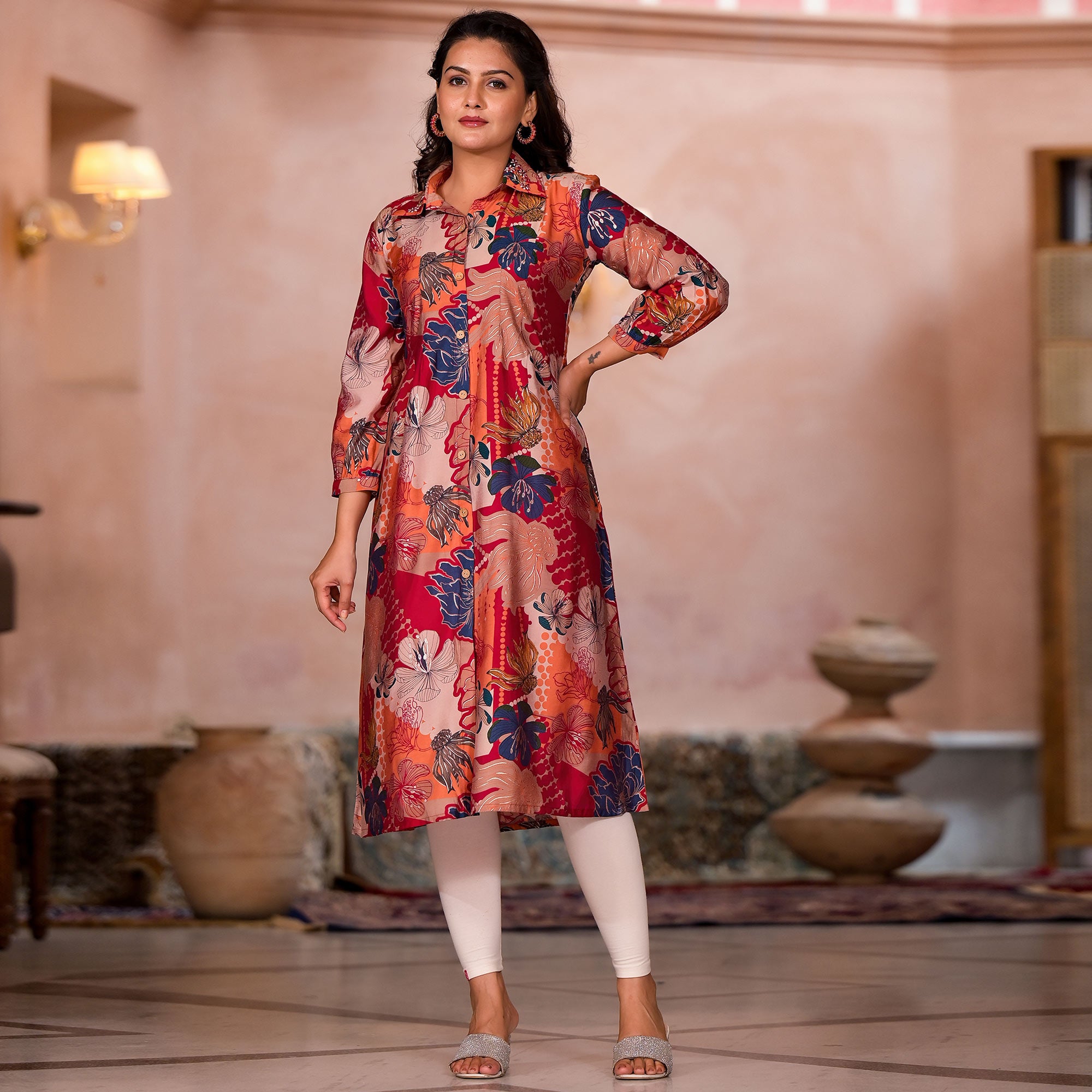 Rani Pink Floral Printed Chanderi Silk A-Line Dress