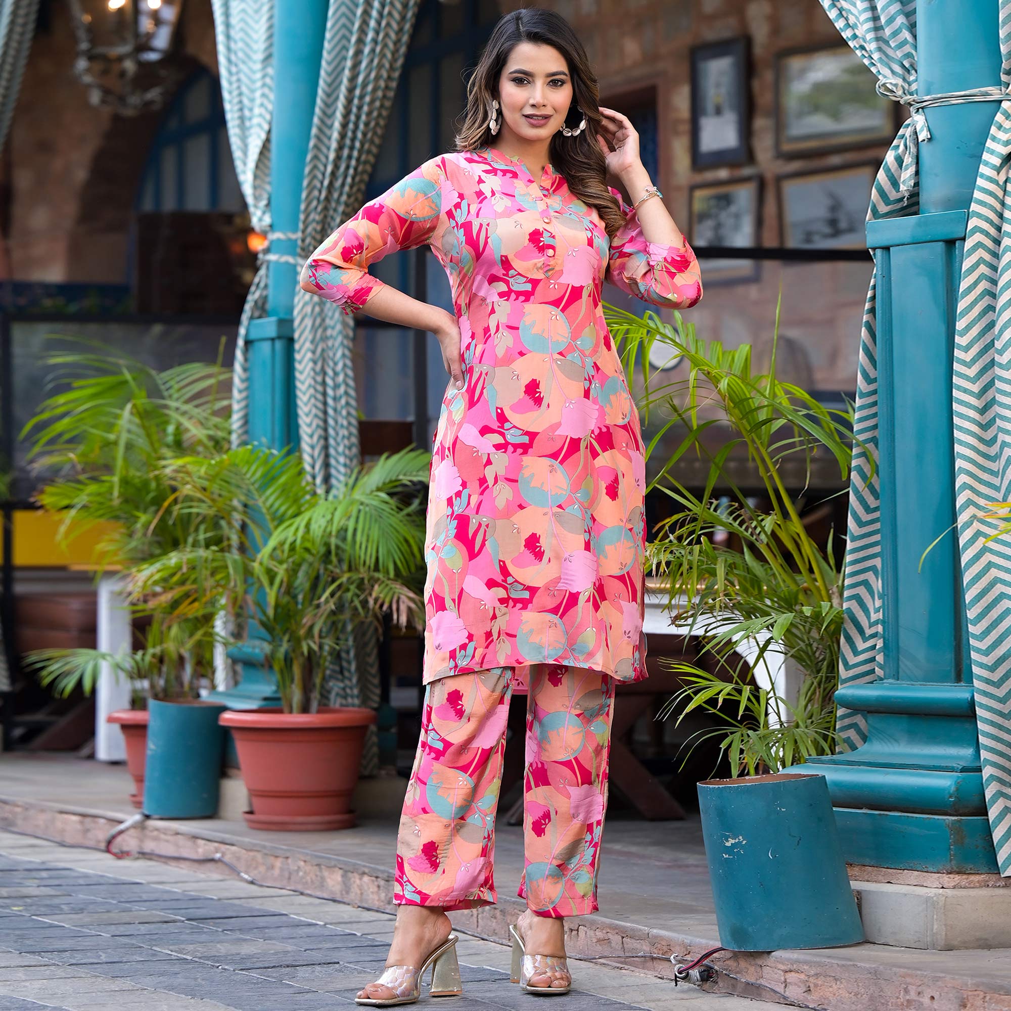 Pink Floral Foil Printed Muslin Co Ord Set