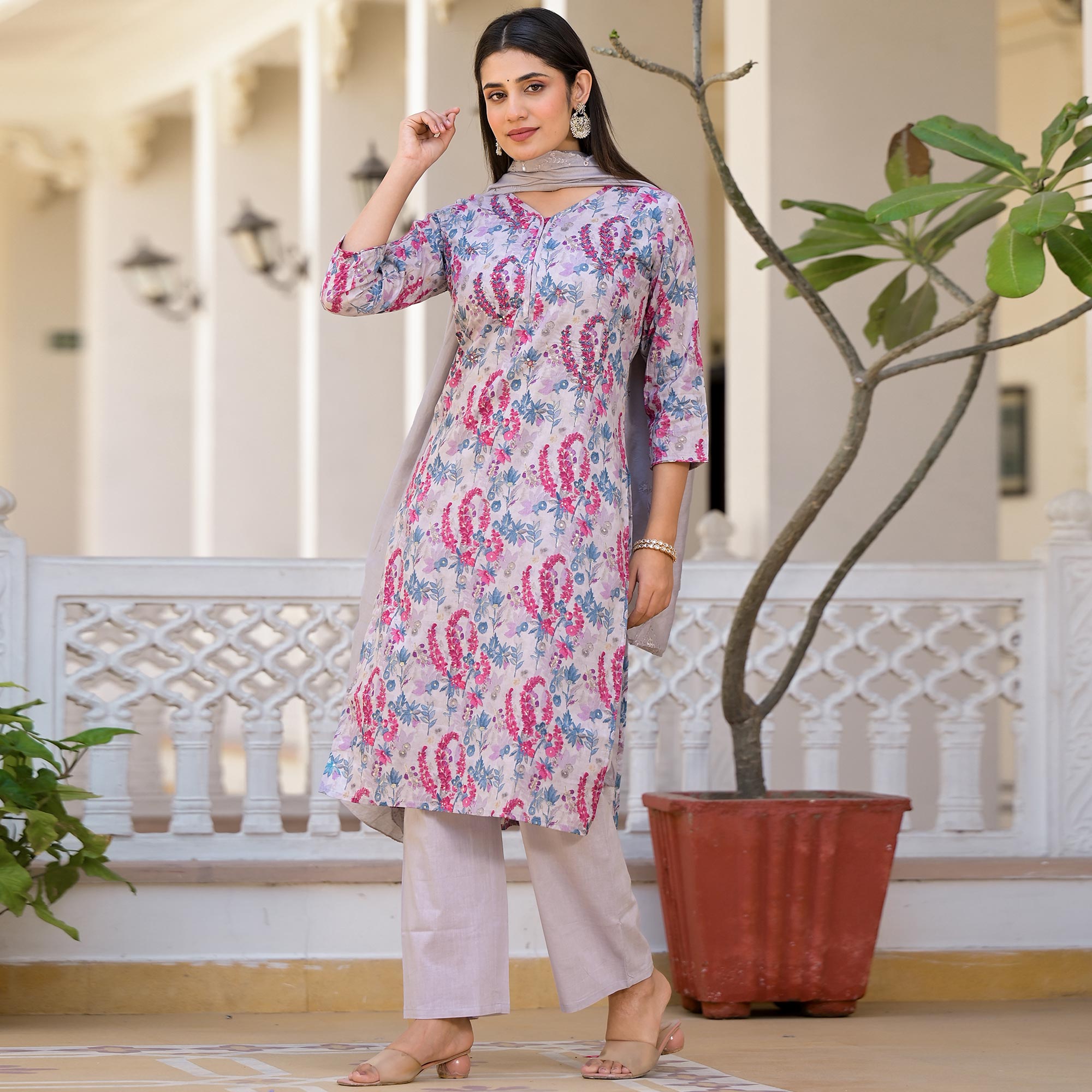 Grey Floral Printed Mulmul Cotton Salwar Suit With Handcrafted