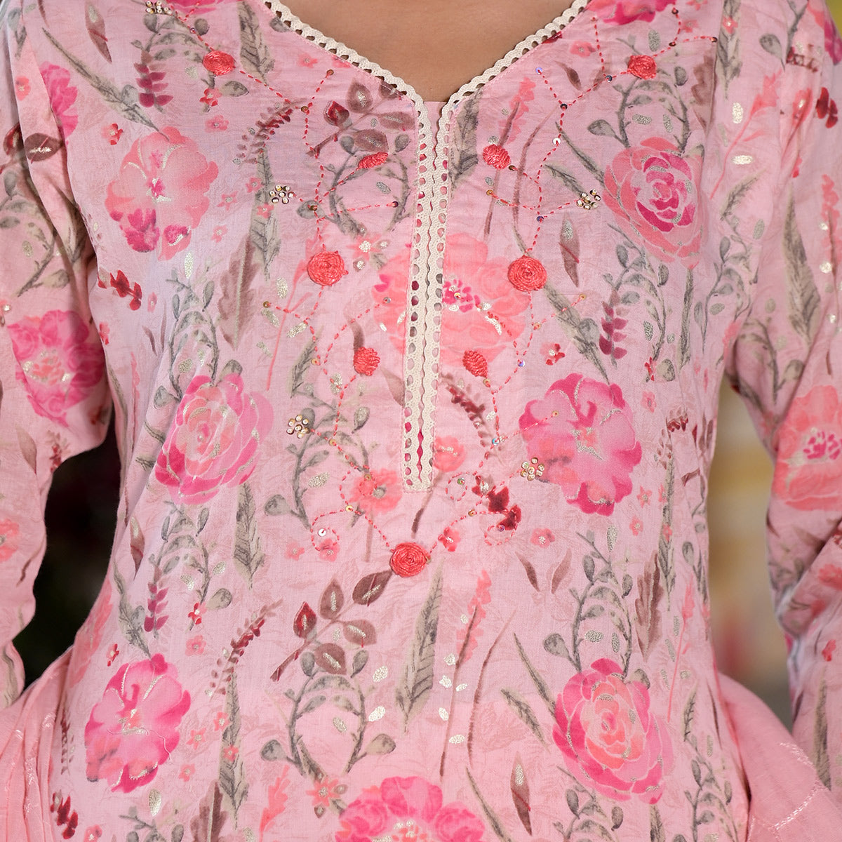 Pink Floral Printed Mulmul Cotton Straight Salwar Suit