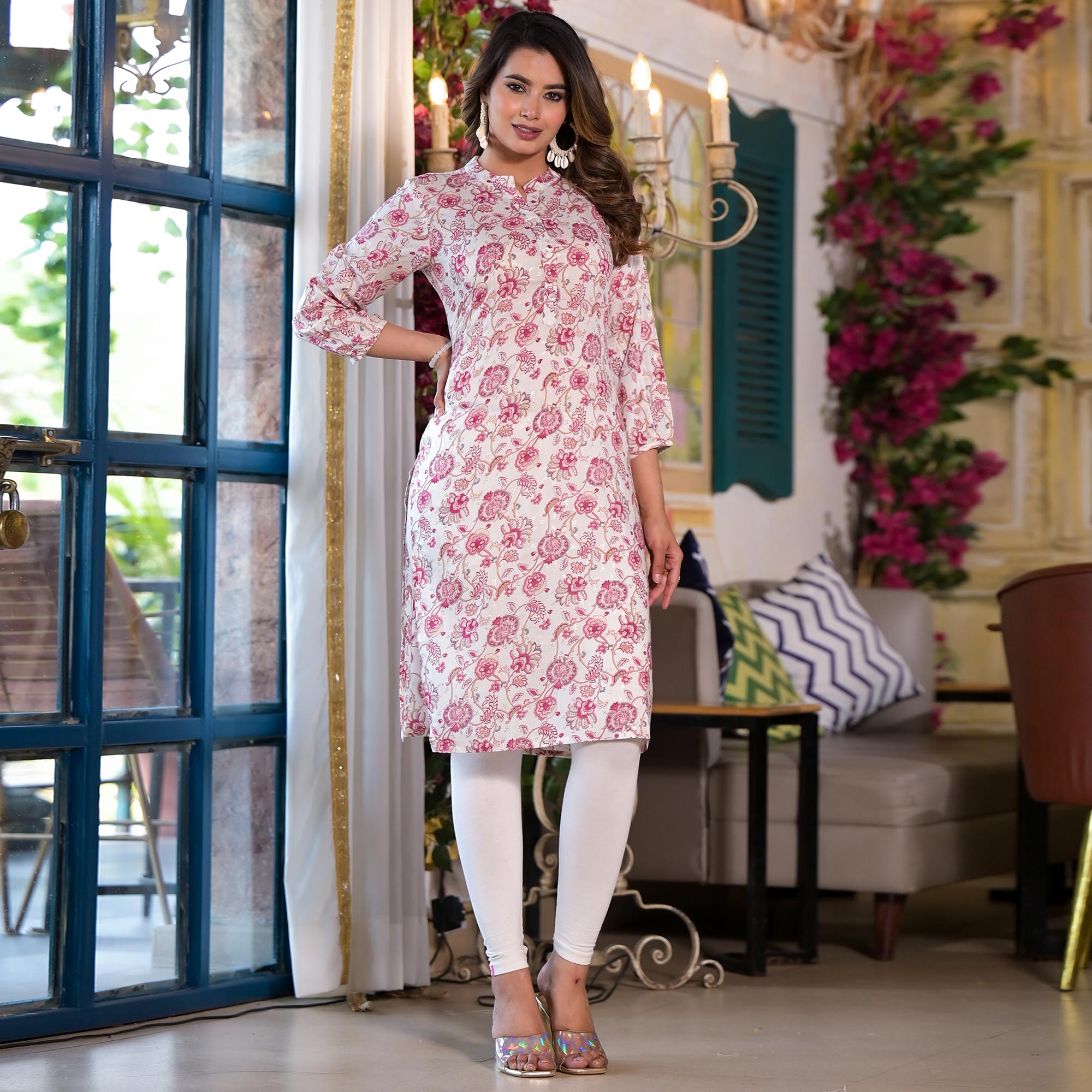 Wine Floral Foil Printed Chanderi Silk Kurti