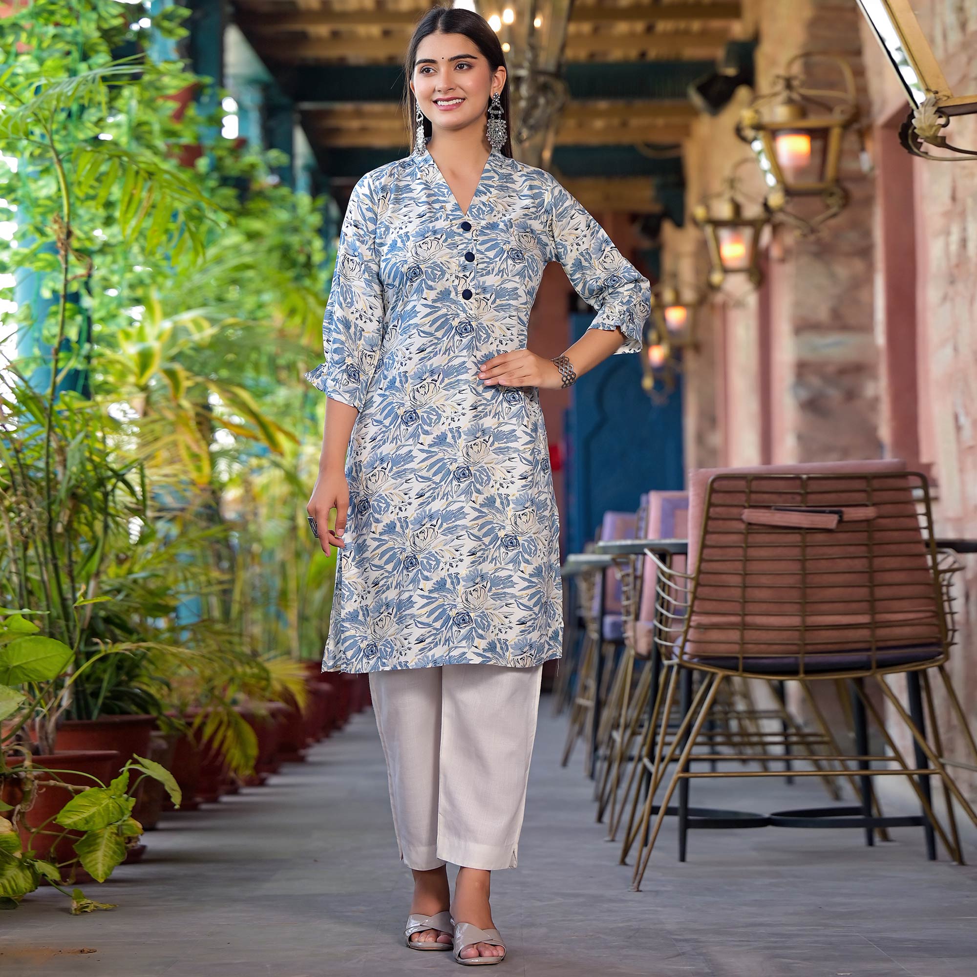 Blue Floral Printed Rayon Kurti