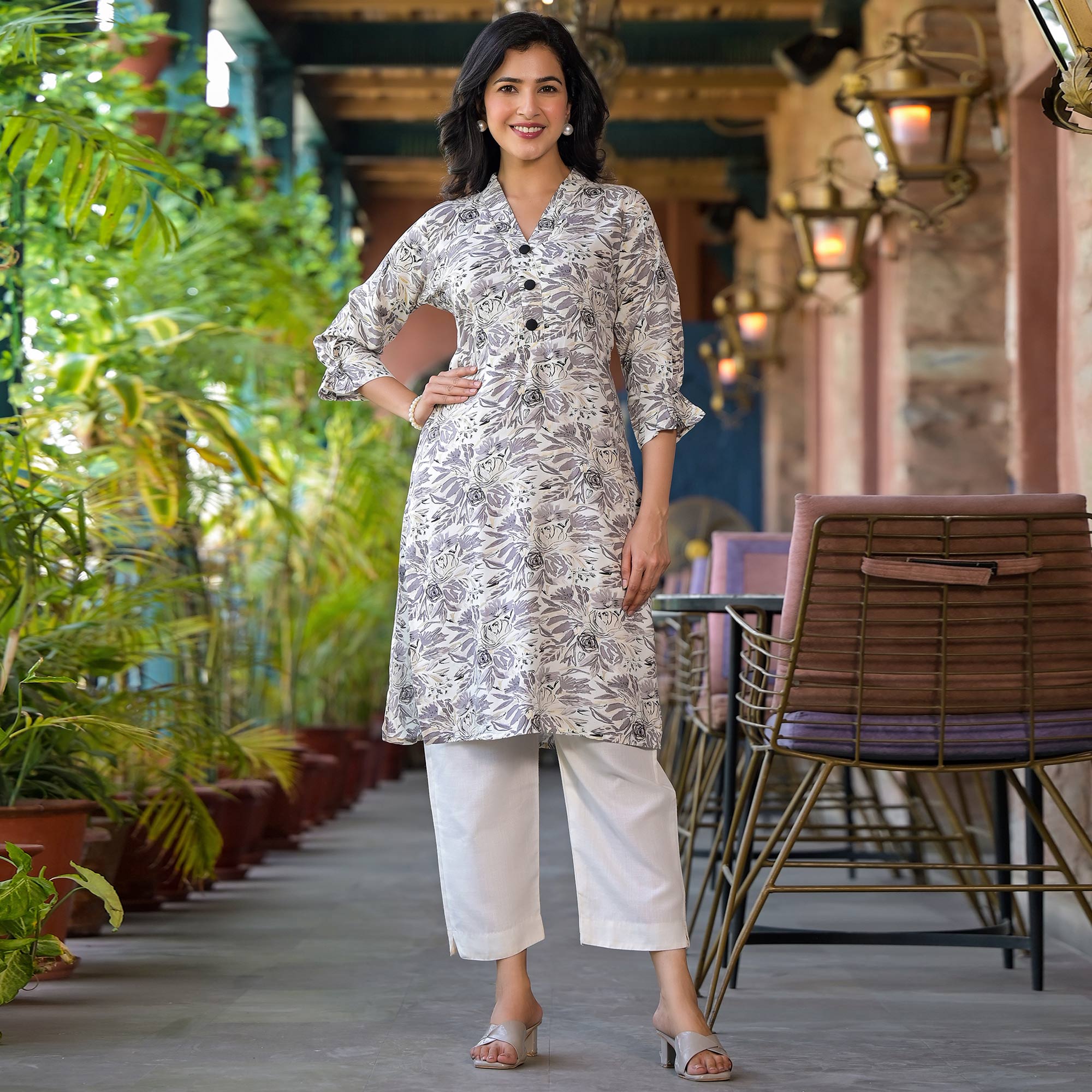 Grey Floral Printed Rayon Kurti