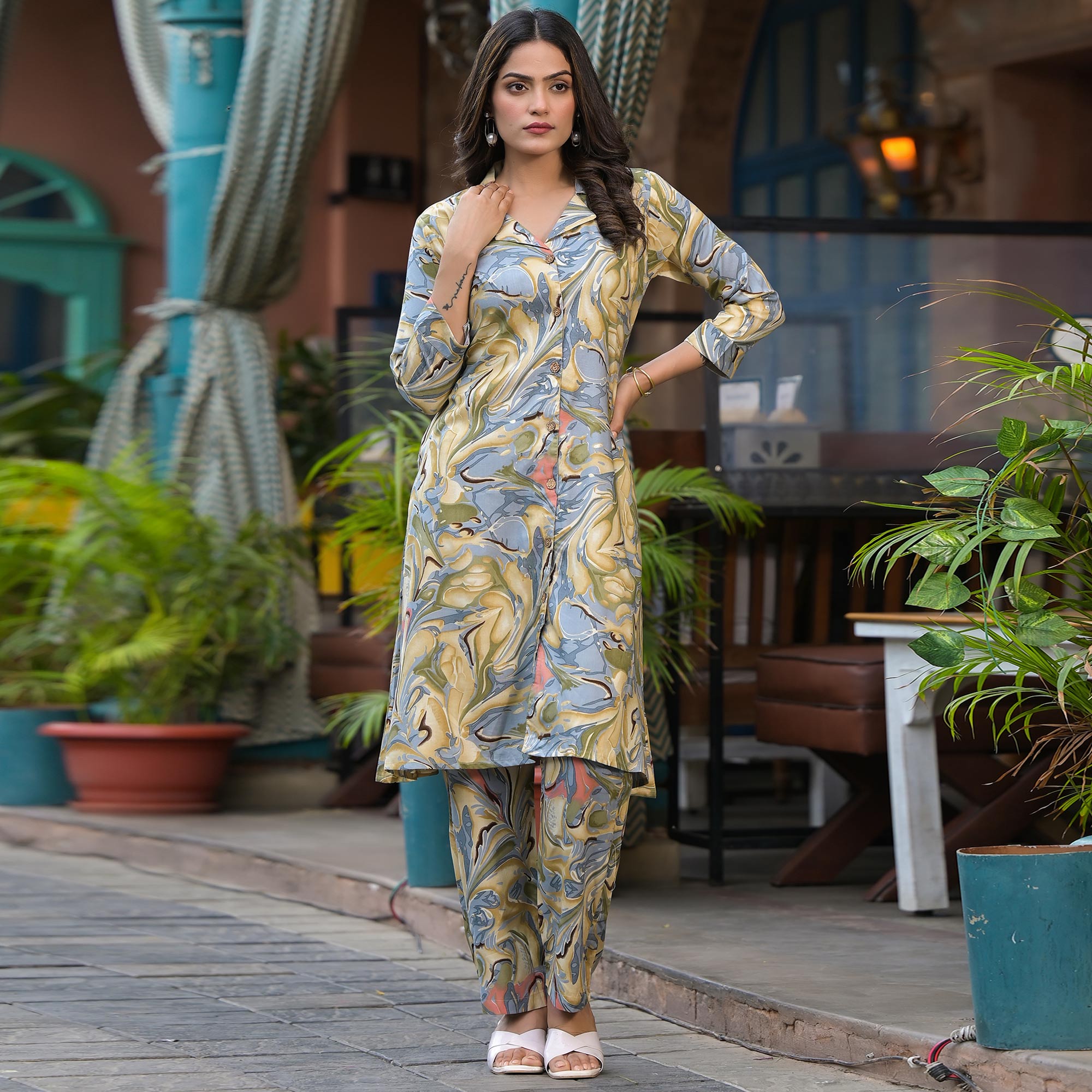 Grey Foil Printed Rayon Co-Ord Set