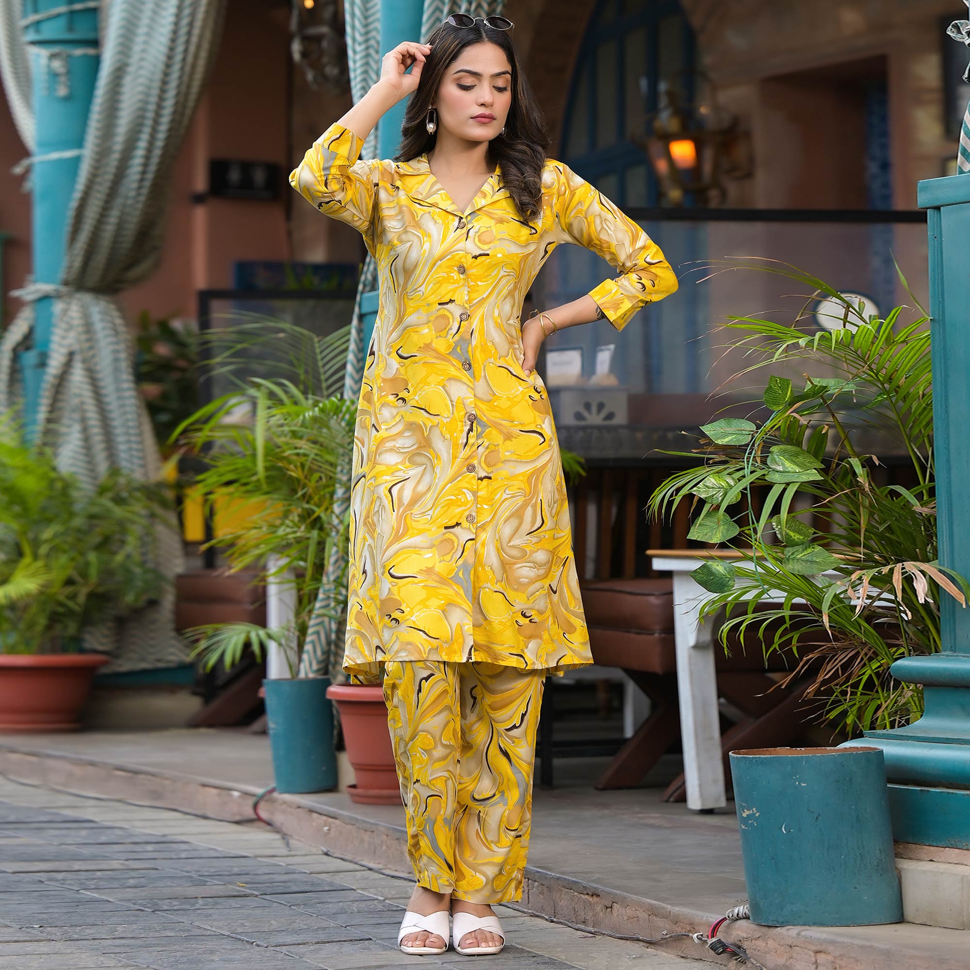 Yellow Foil Printed Rayon Co-Ord Set