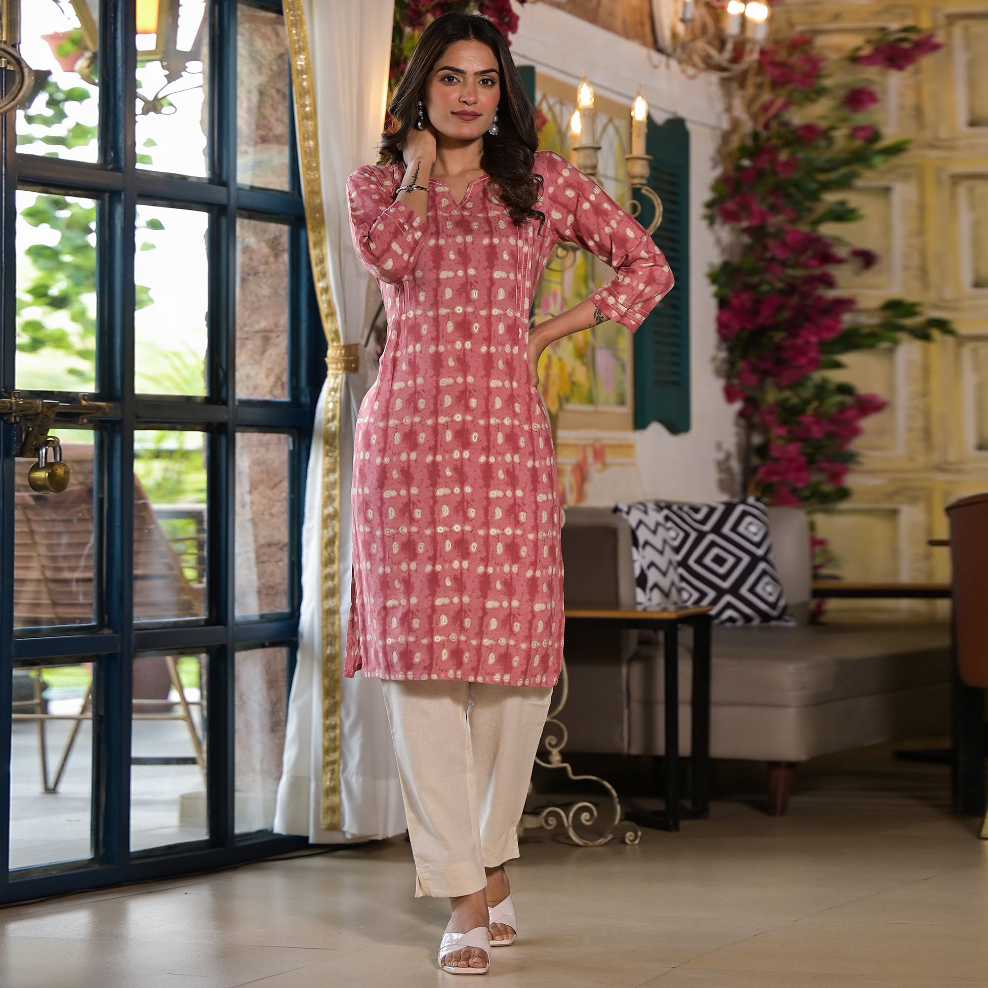 Pink Printed Rayon Straight Kurti