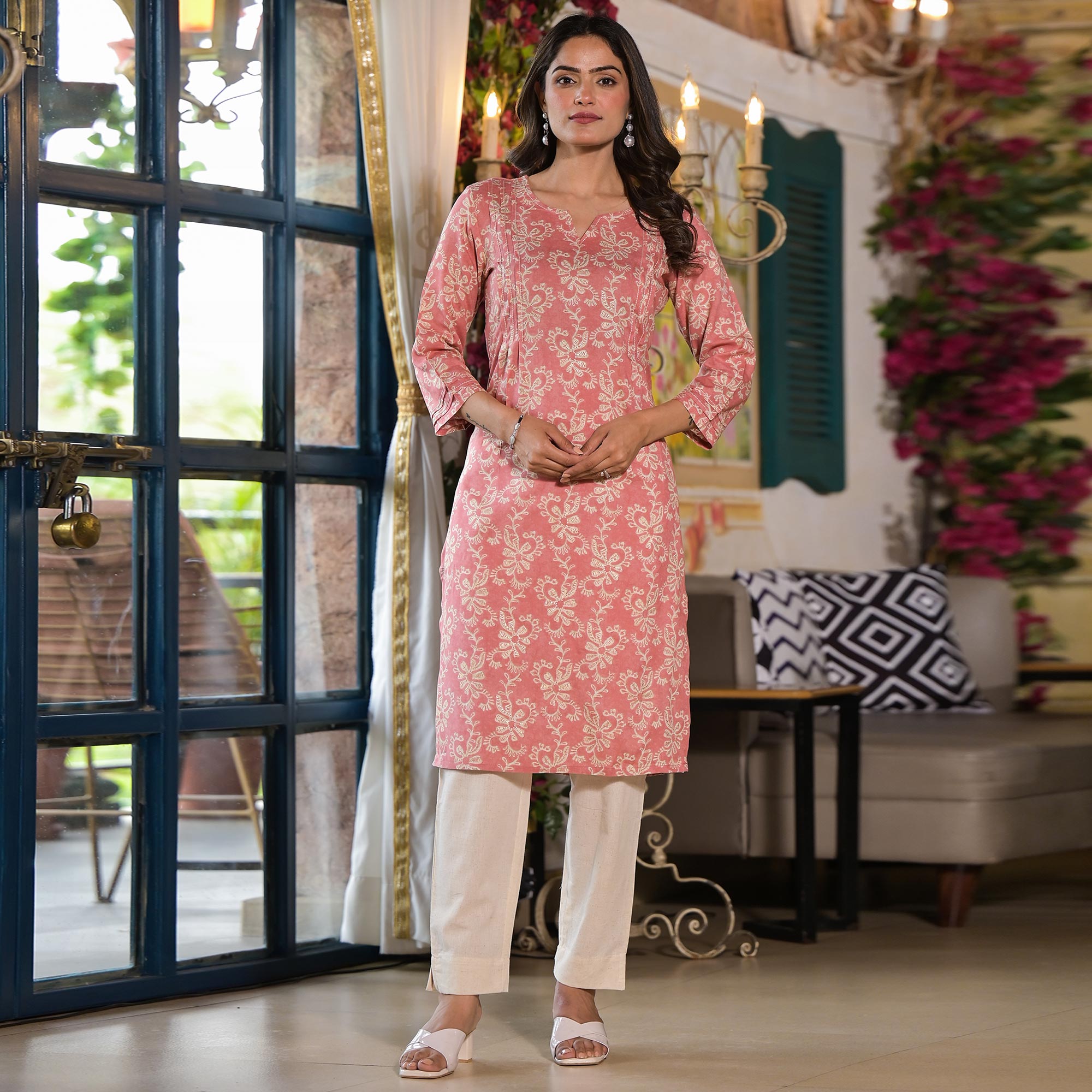 Peach Floral Printed Rayon Straight Kurti