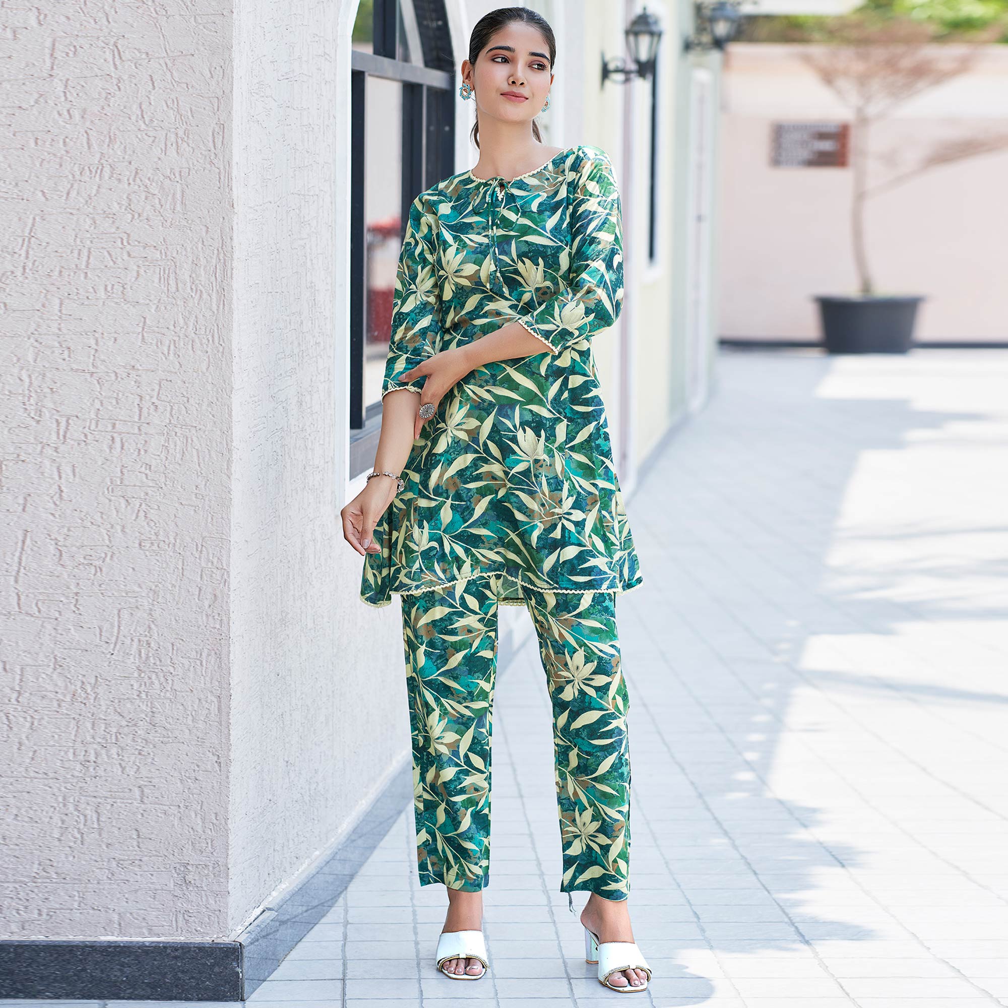 Green Floral Printed Rayon Co-Ord Set