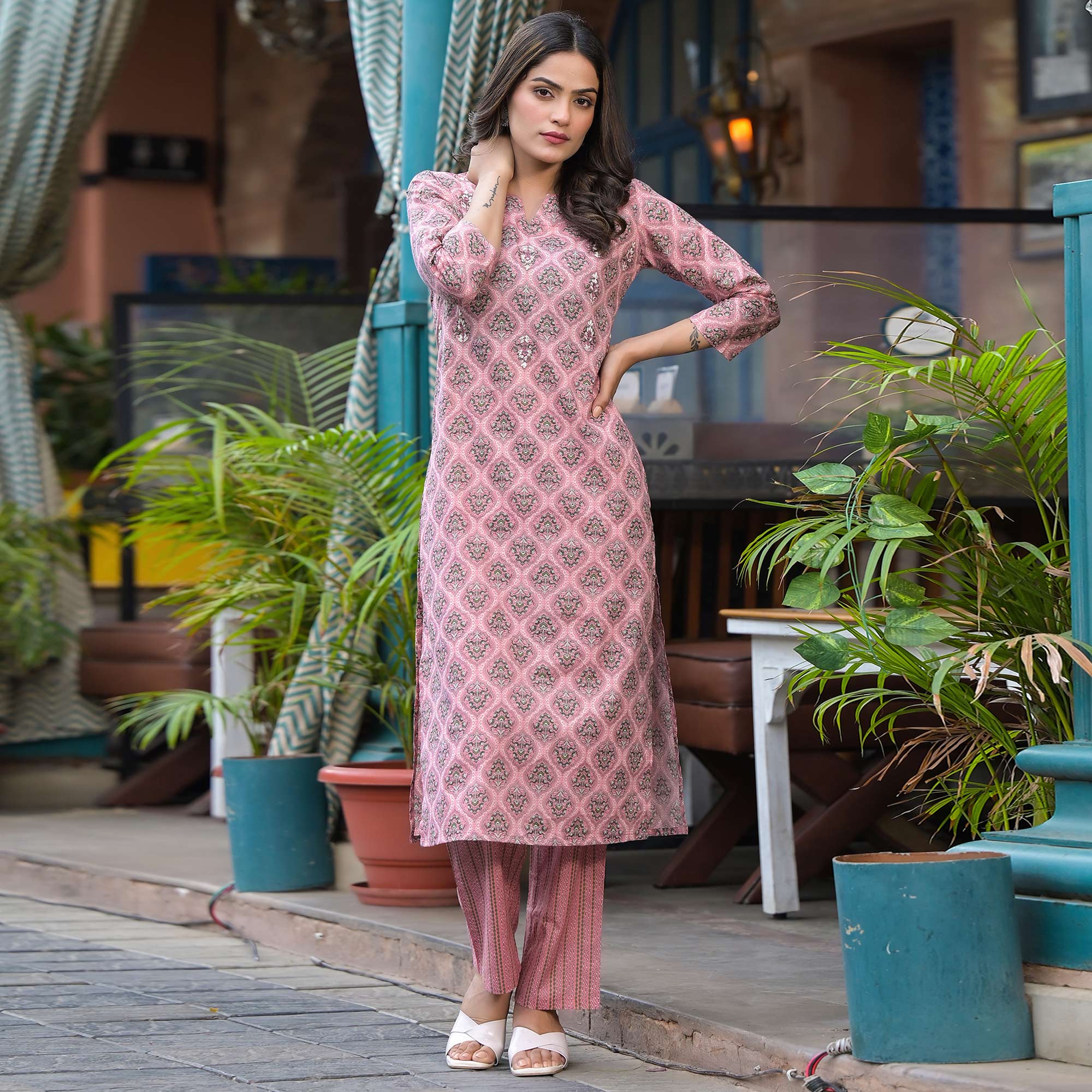Pink Floral Printed Pure Cotton Kurti Set