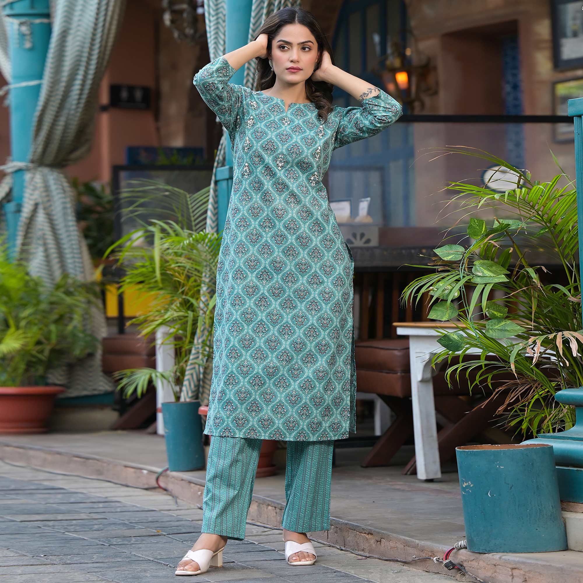 Sea Green Floral Printed Pure Cotton Kurti Set