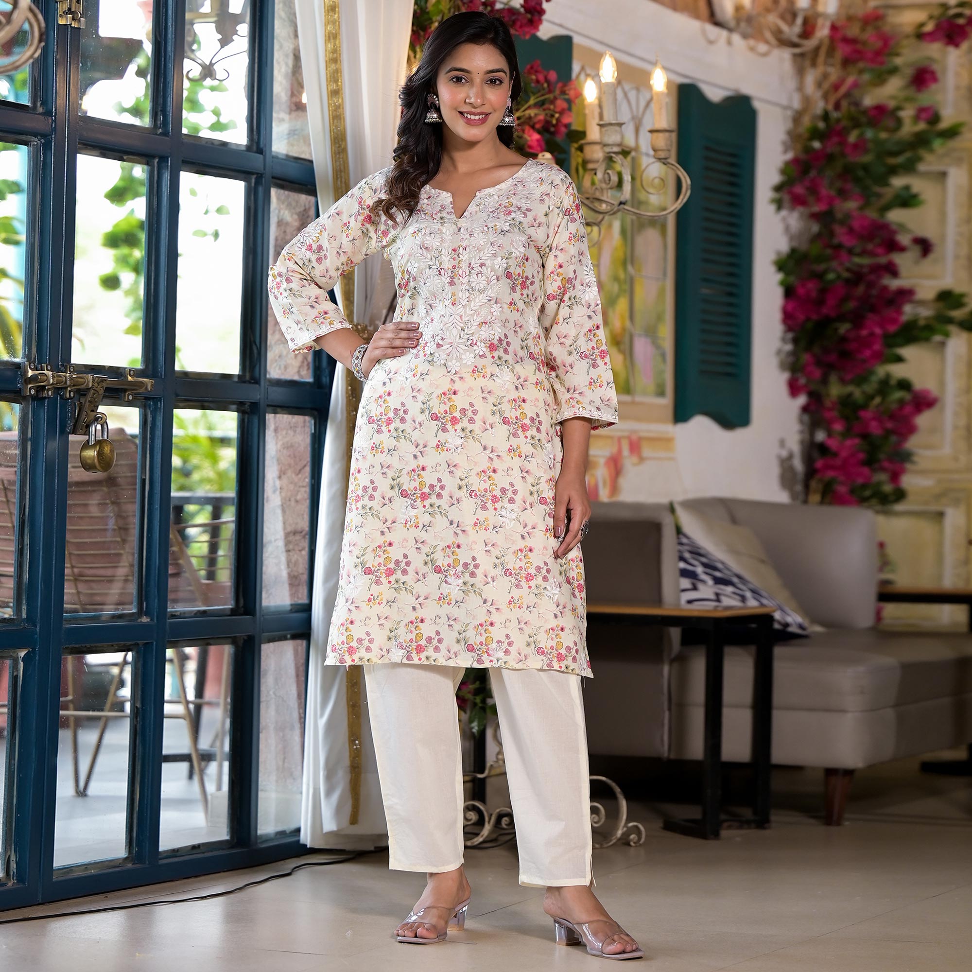 Yellow & Pink Embroidered Rayon Straight Kurti