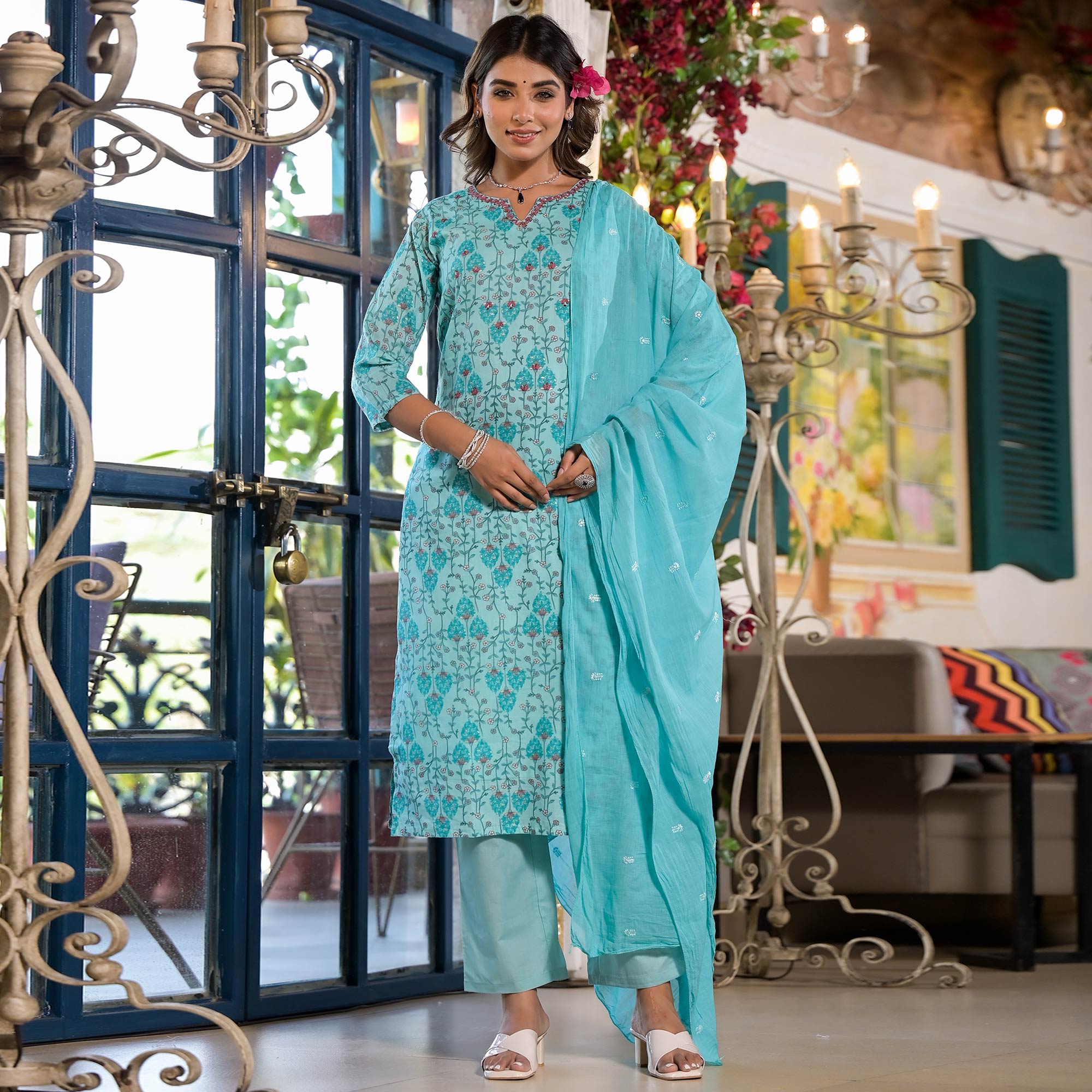 Sky Blue Floral Printed Mulmul Cotton Straight Salwar Suit