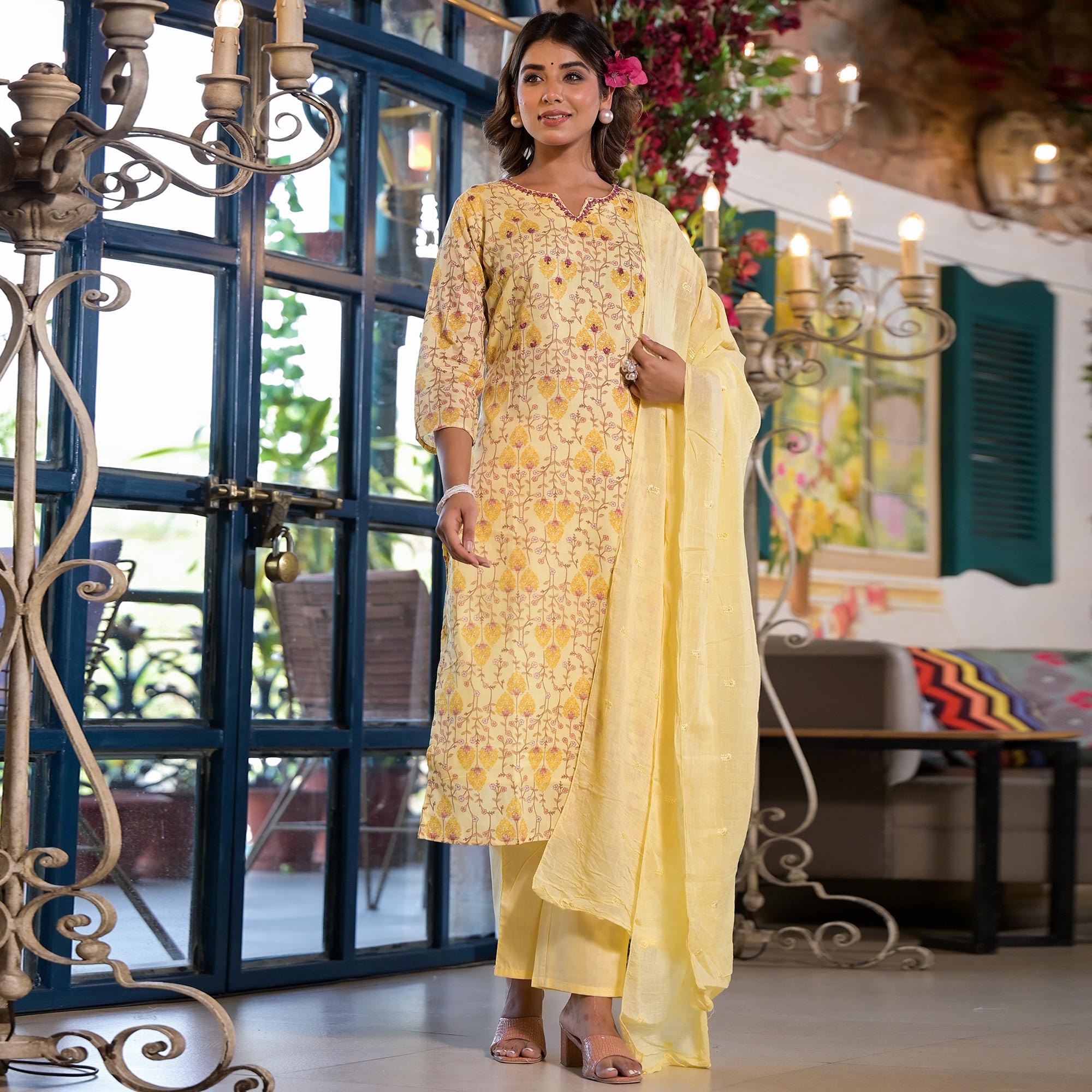 Yellow Floral Printed Mulmul Cotton Straight Salwar Suit