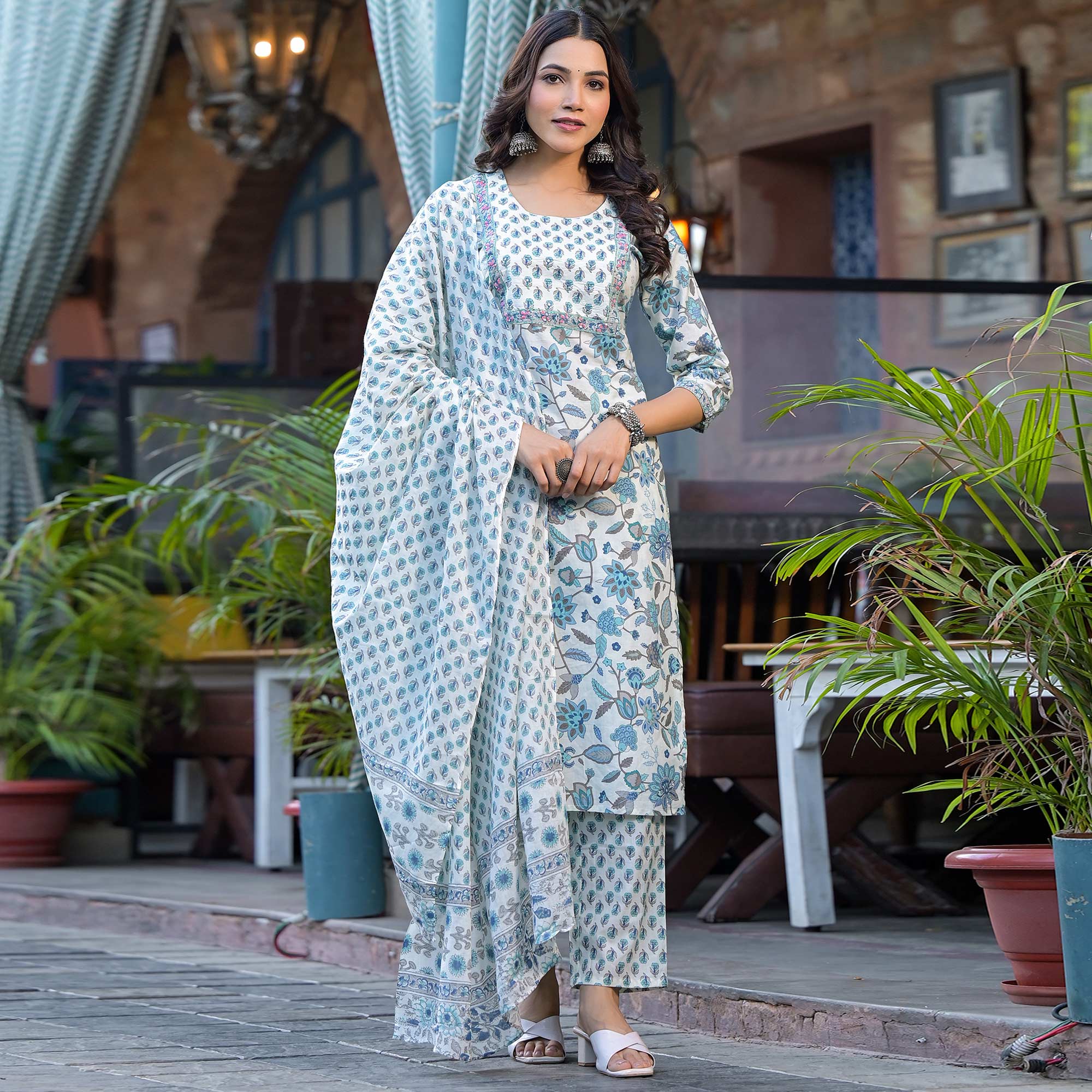 White & Blue Floral Printed Pure Cotton Salwar Suit