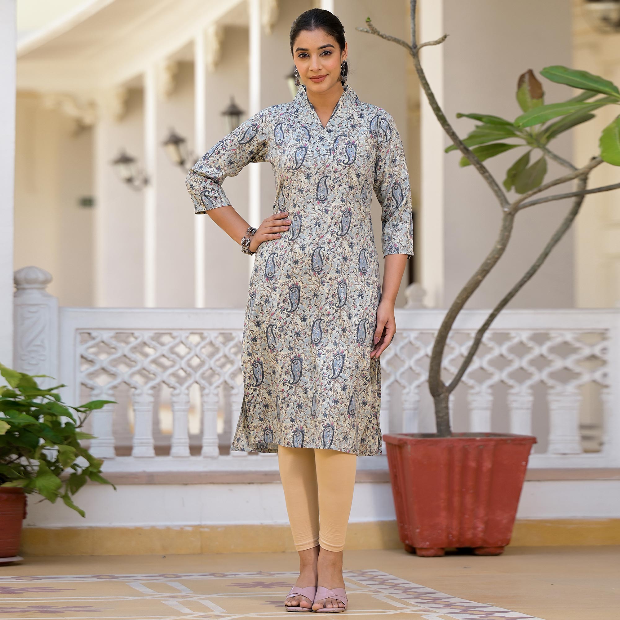 Blue Floral Printed Rayon Straight Kurti