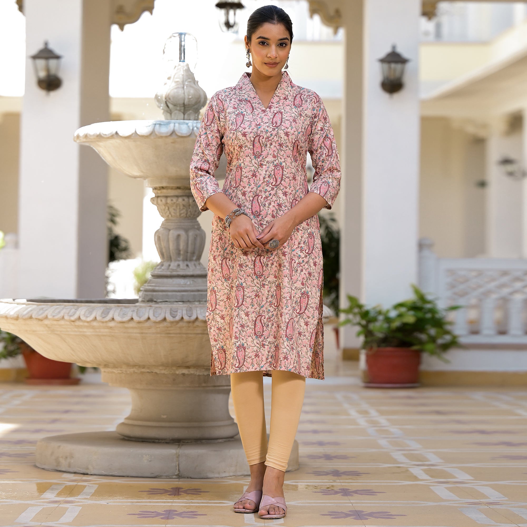 Pink Floral Printed Rayon Straight Kurti