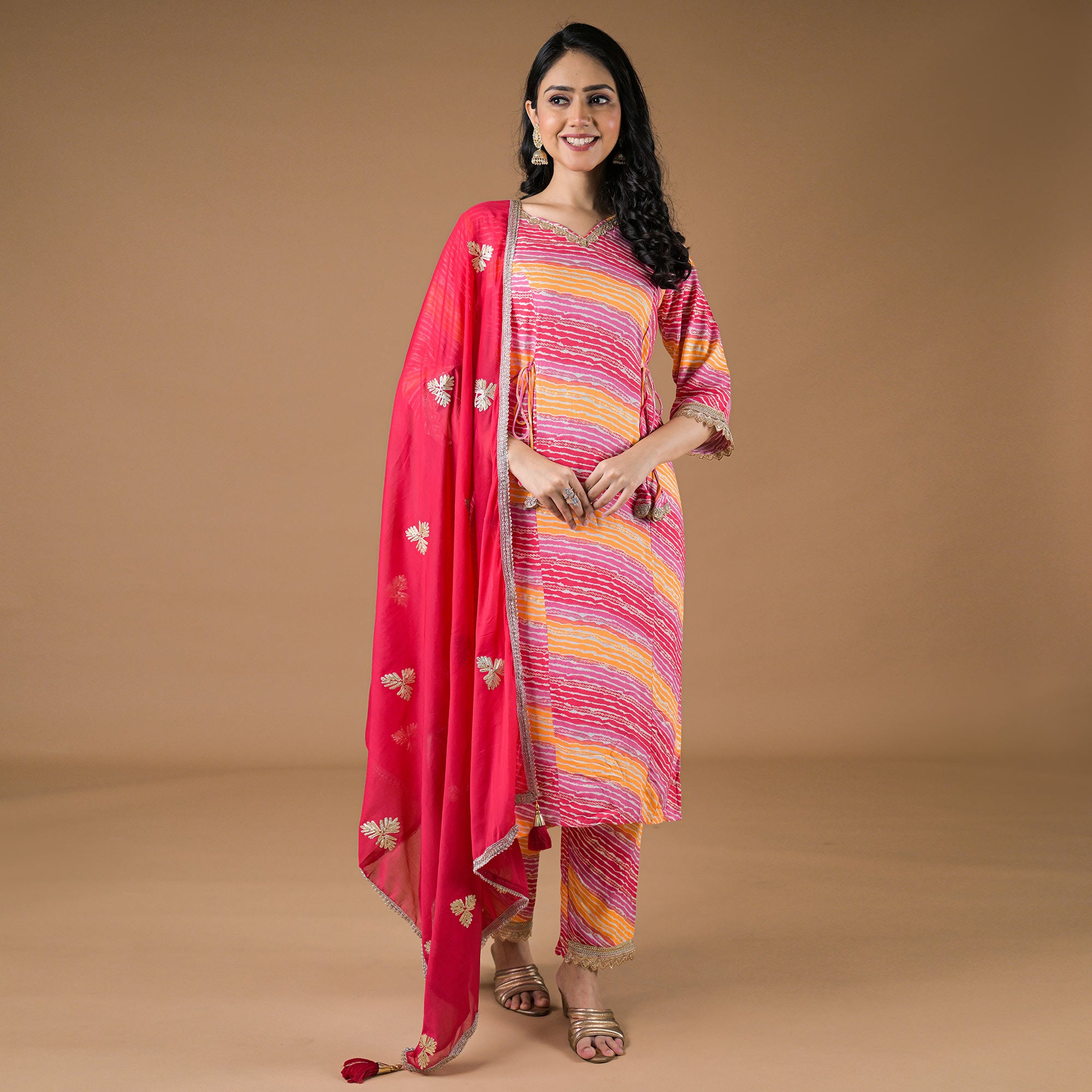 Pink Leheriya Printed Rayon A-line Salwar Suit