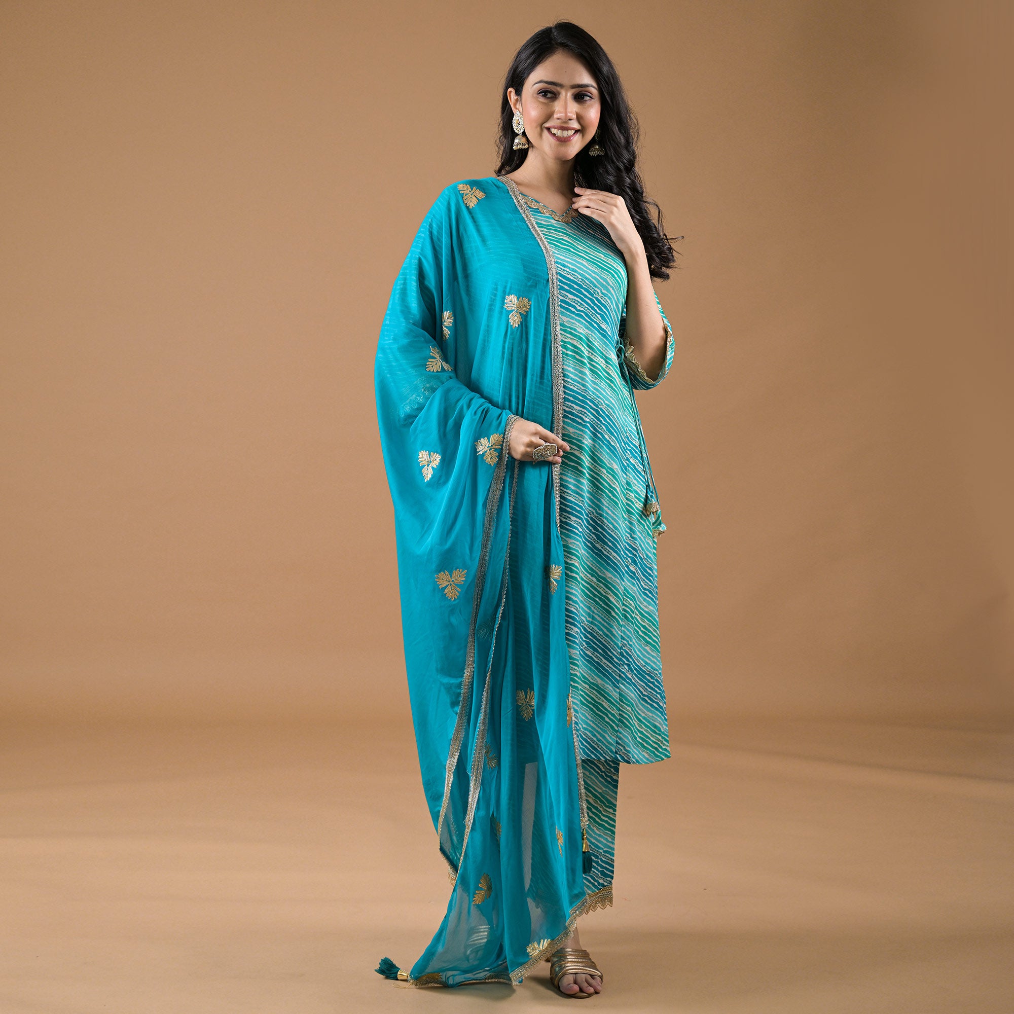 Turquoise Leheriya Printed Rayon A-line Salwar Suit