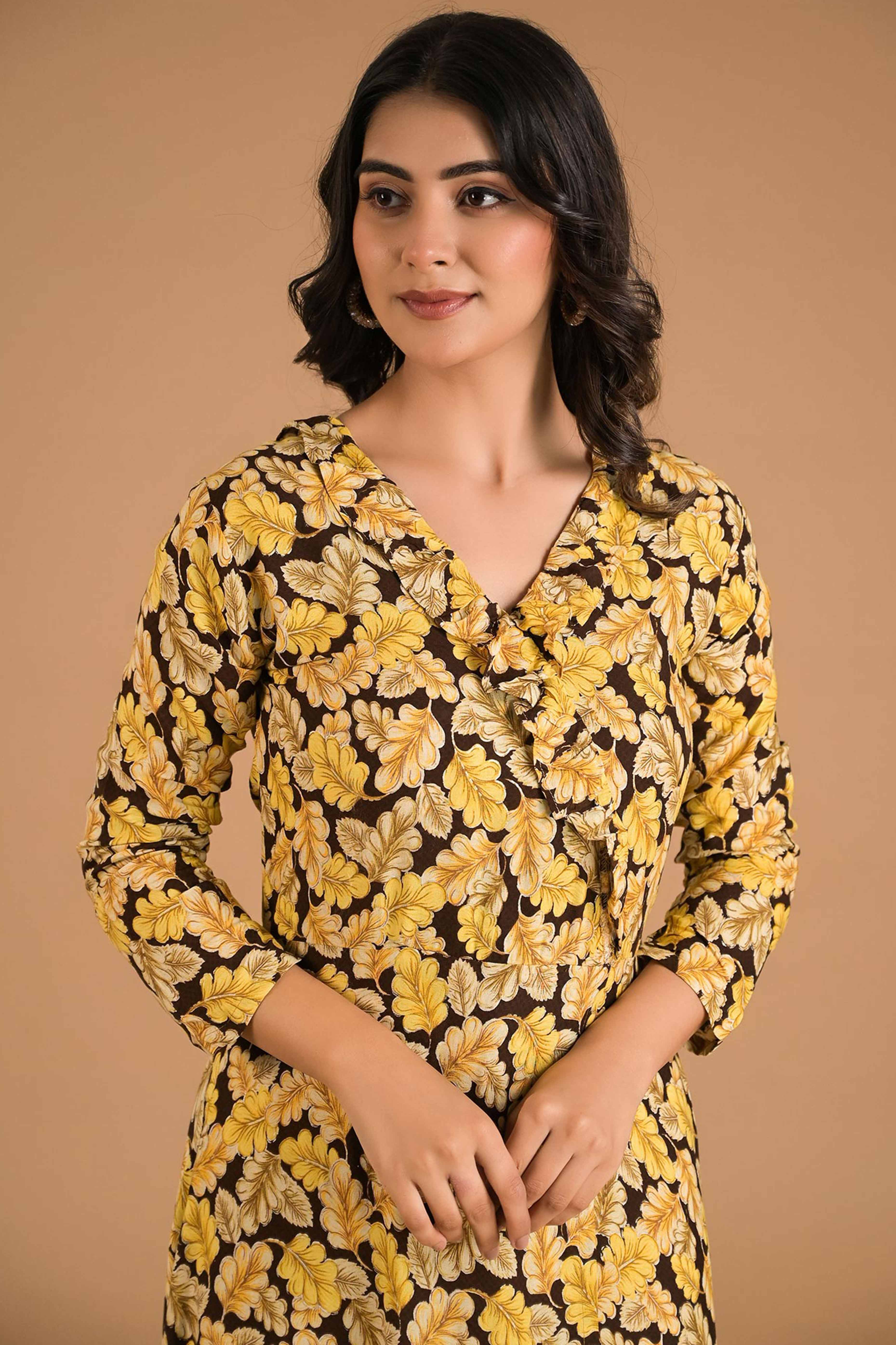 Mustard Floral Printed Rayon Maxi Dress