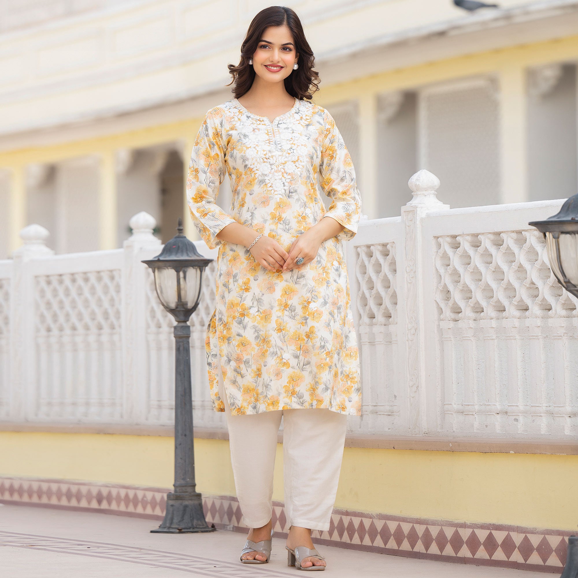 Cream & Mustard Floral Printed Rayon Straight Kurti