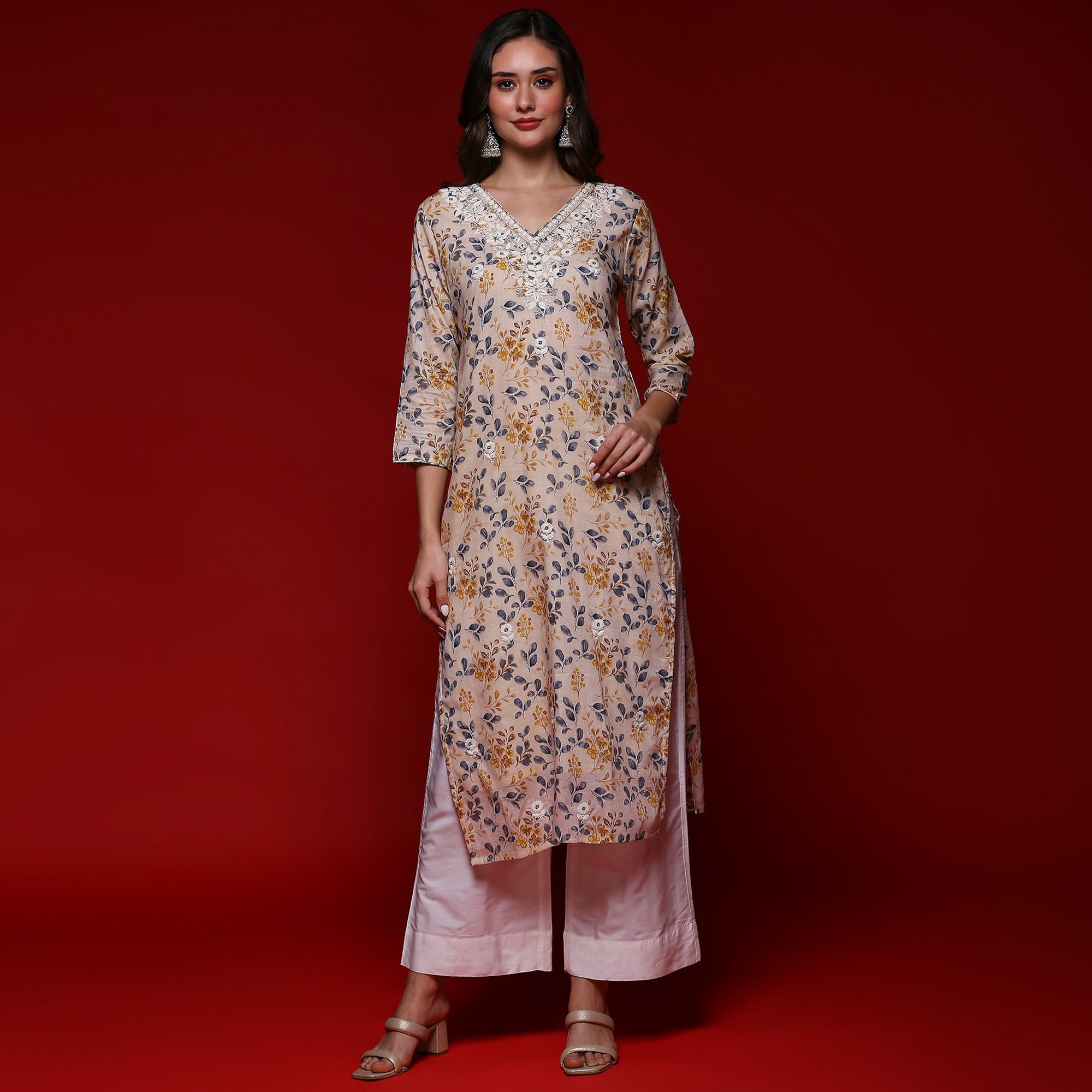 Chikoo Floral Printed Mulmul Cotton Straight Kurti