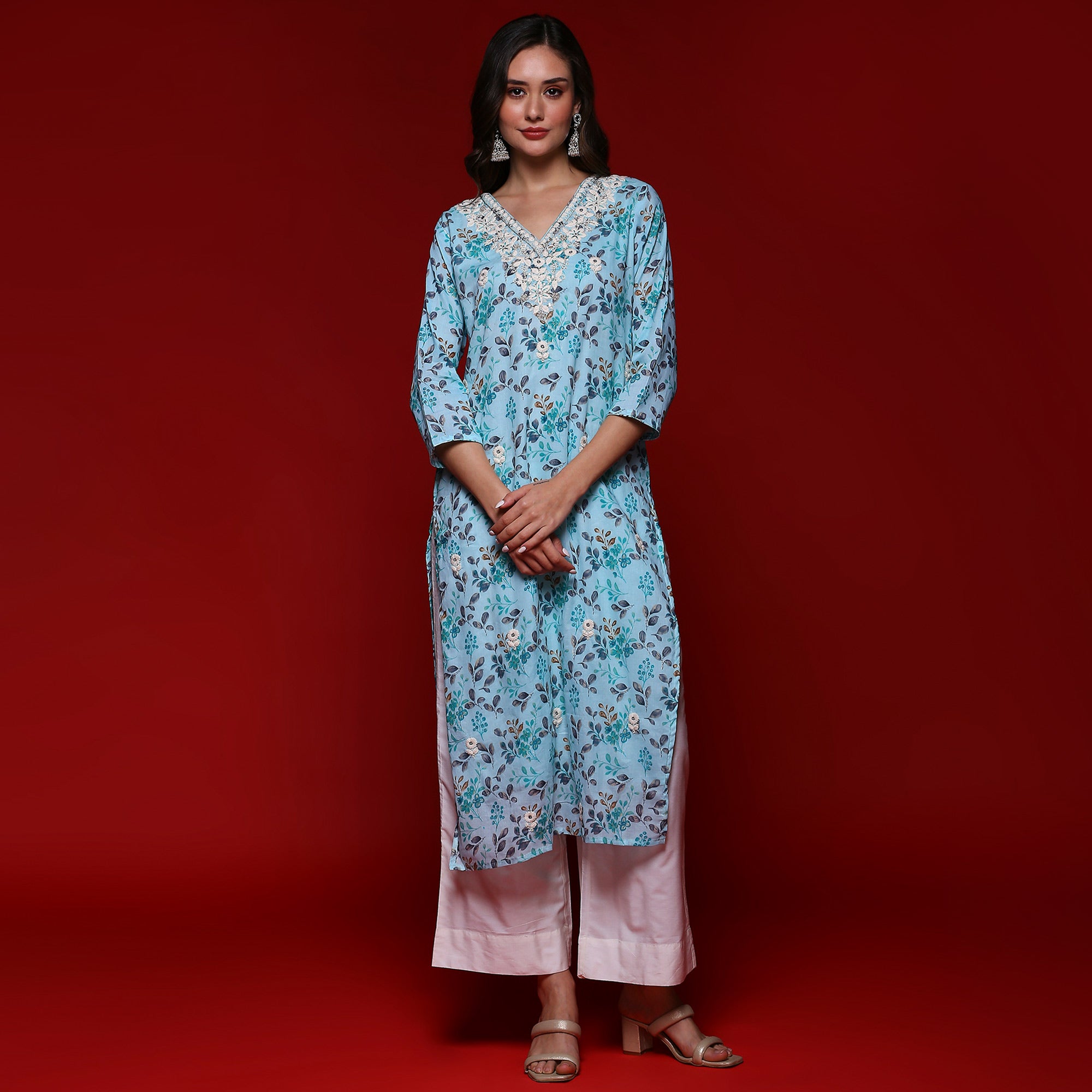 Sky Blue Floral Printed Mulmul Cotton Straight Kurti