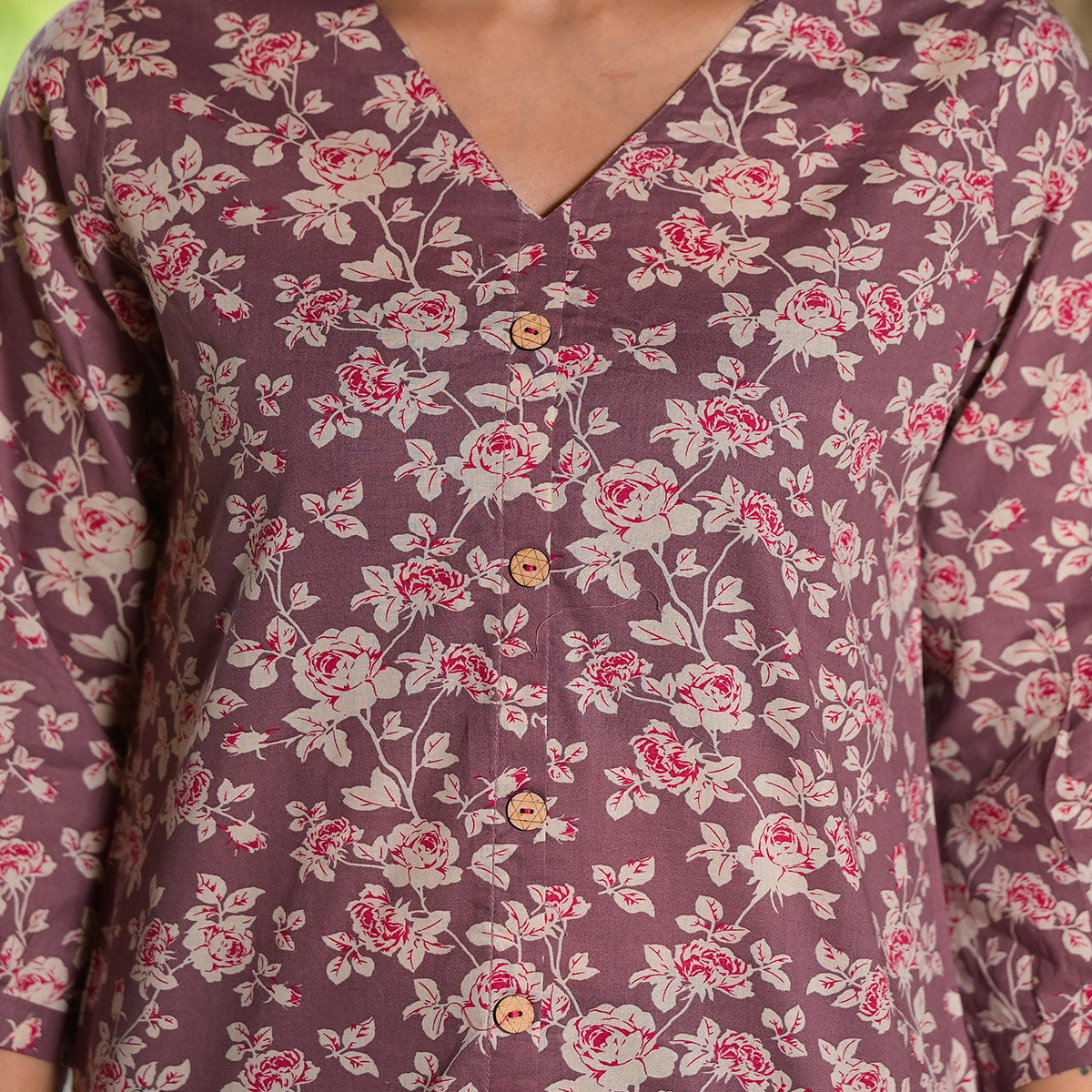 Plum Red Floral Printed Pure Cotton Top