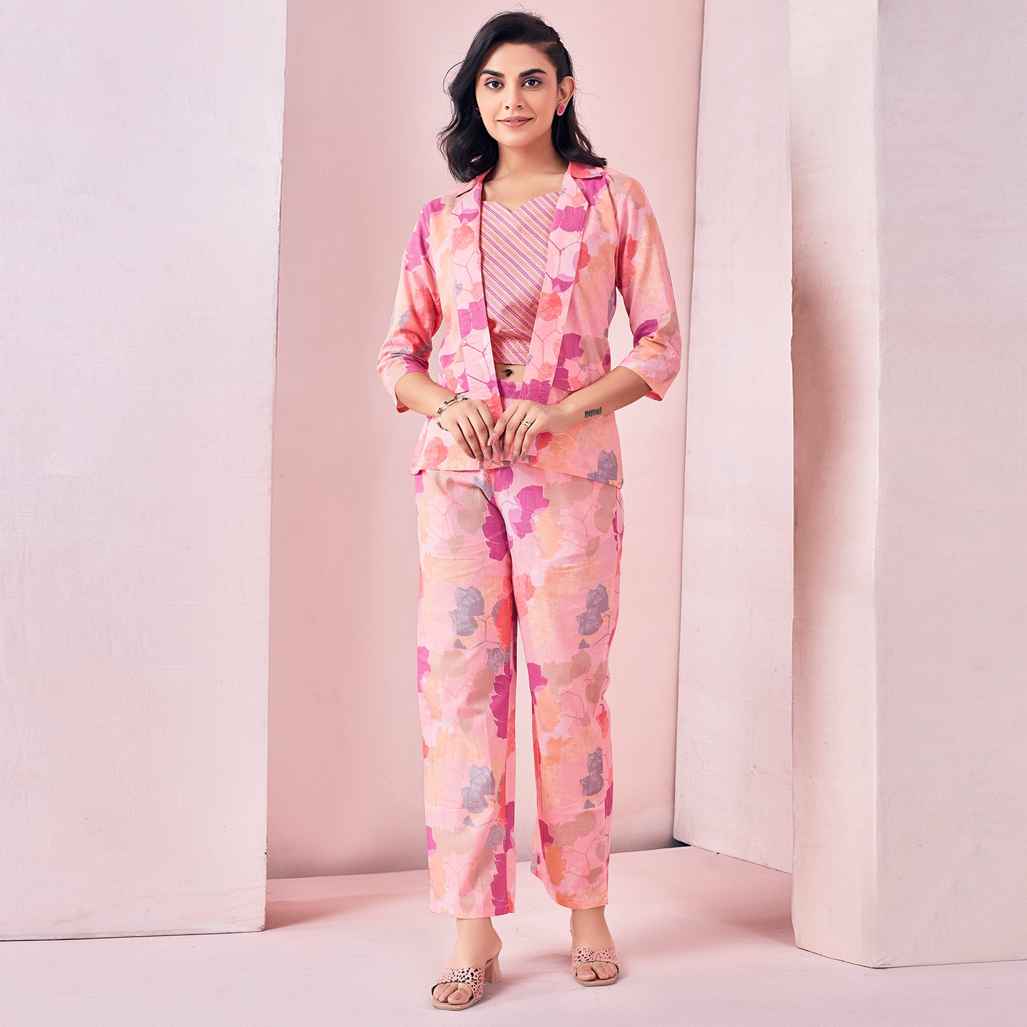 Peach Floral Printed Pure Cotton Co-ord Set With Jacket