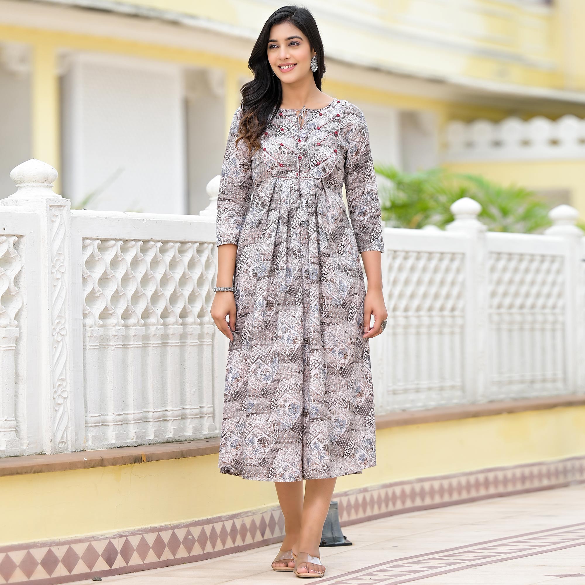 Grey Floral Printed Pure Cotton A-Line Dress