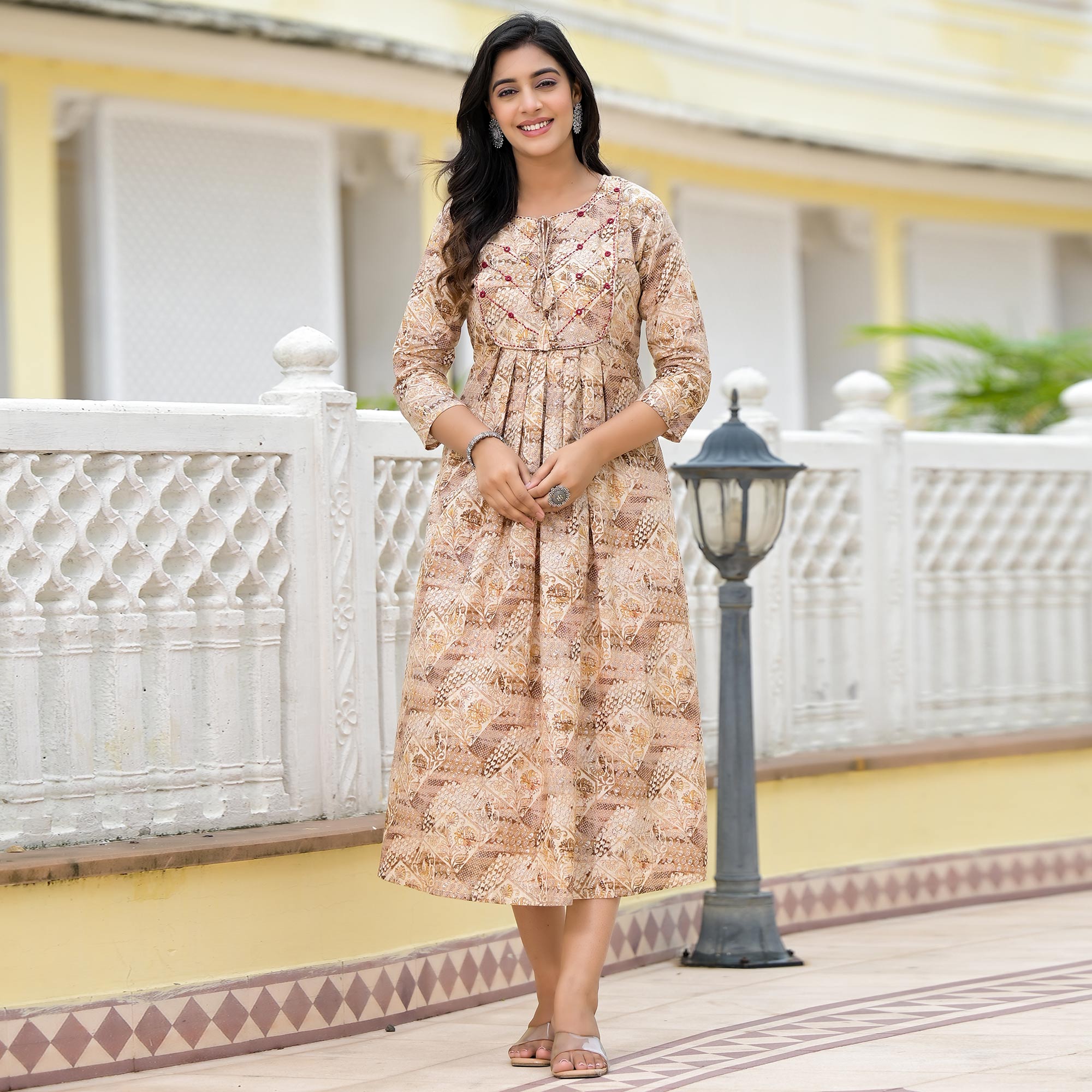 Mustard Floral Printed Pure Cotton A-Line Dress