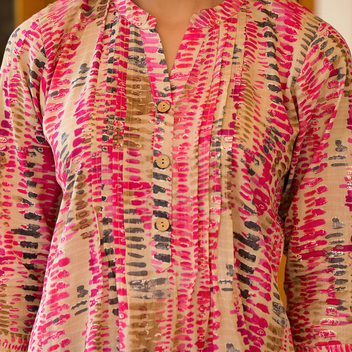 Rani Pink Foil Printed Pure Cotton A-Line Top