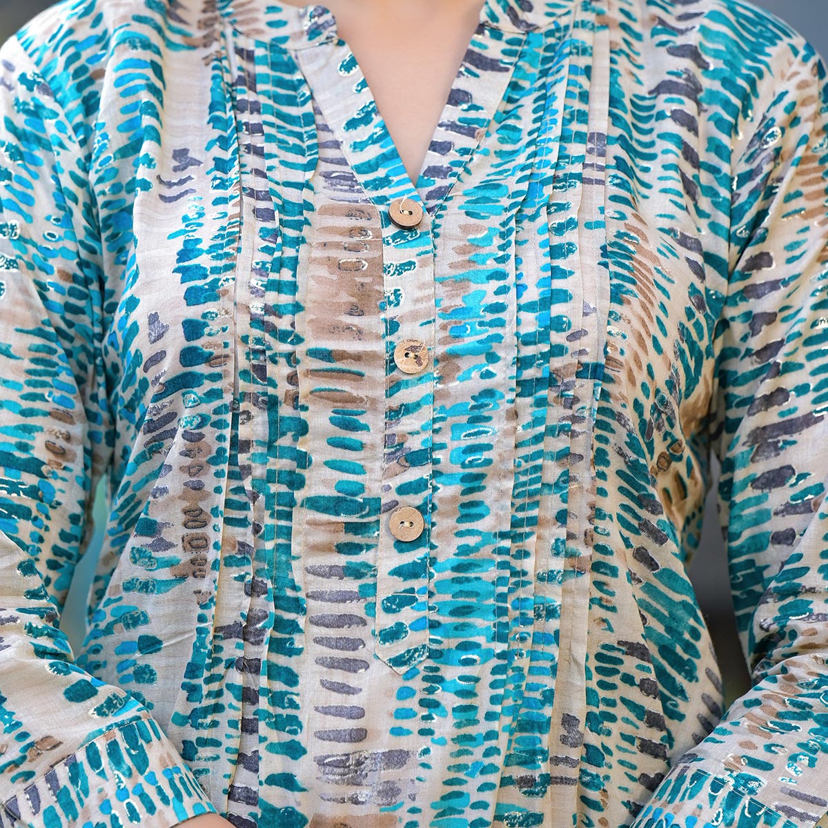 Turquoise Foil Printed Pure Cotton A-Line Top