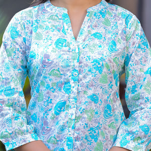 Sky Blue Floral Printed Pure Cotton A-Line Top