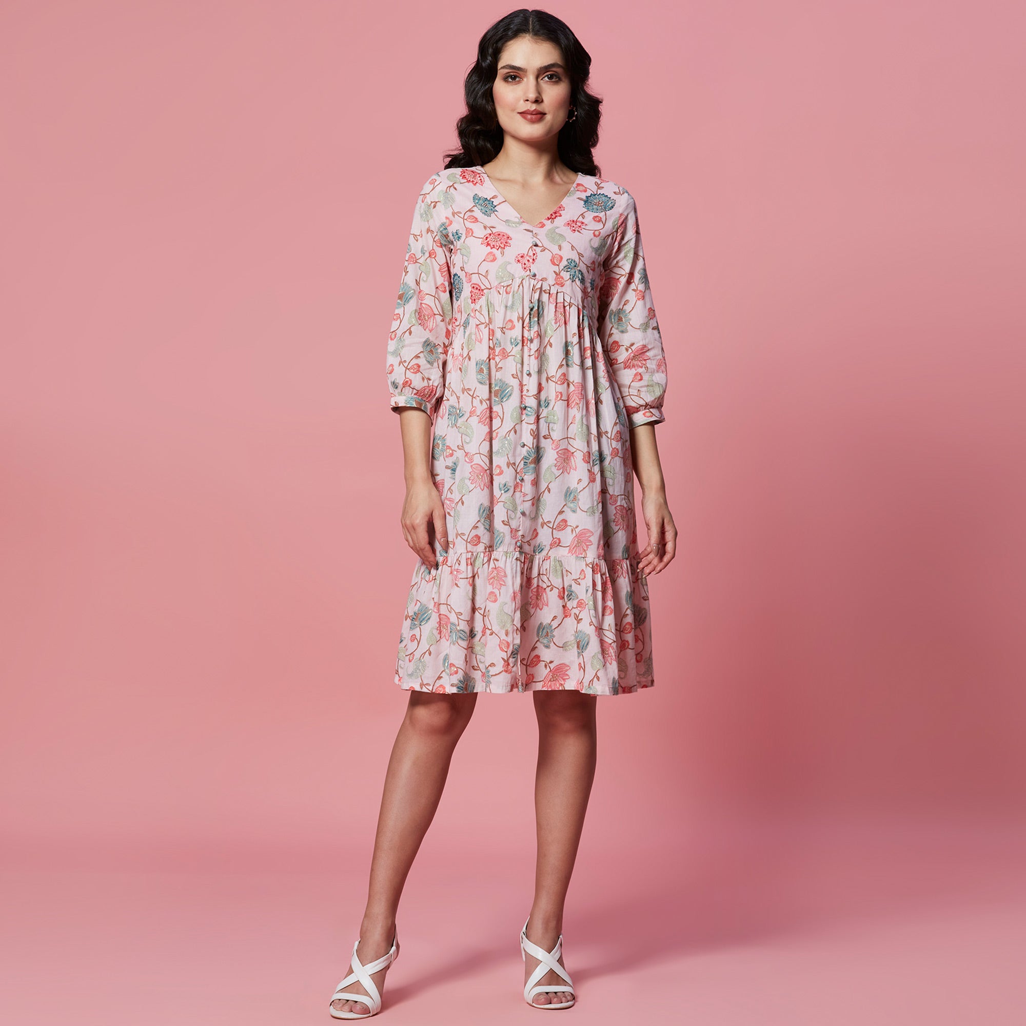 Peach Floral Printed Pure Cotton Dress