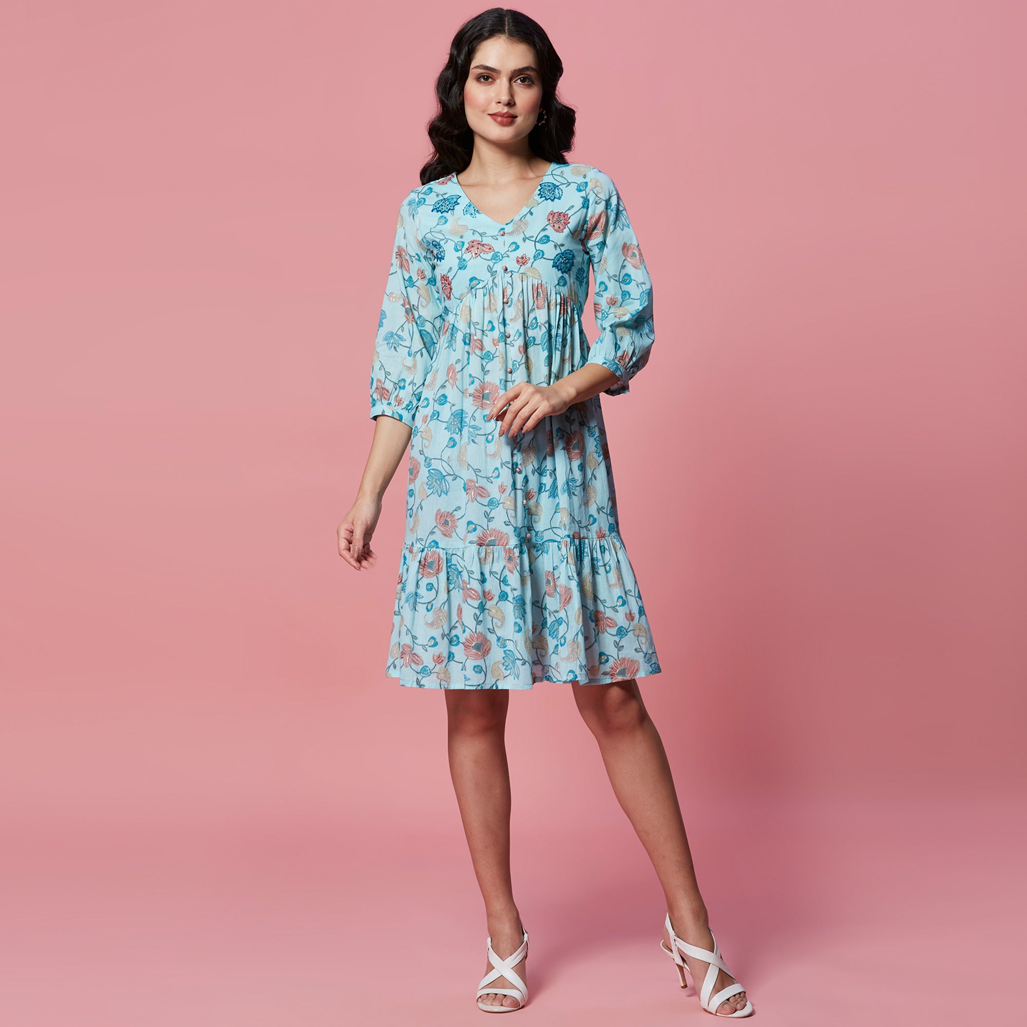 Turquoise Floral Printed Pure Cotton Dress