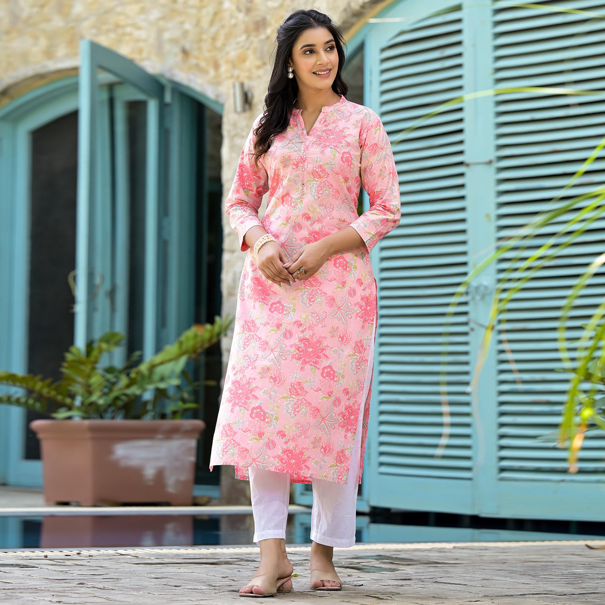 Peach Floral Printed Pure Cotton Straight Kurti