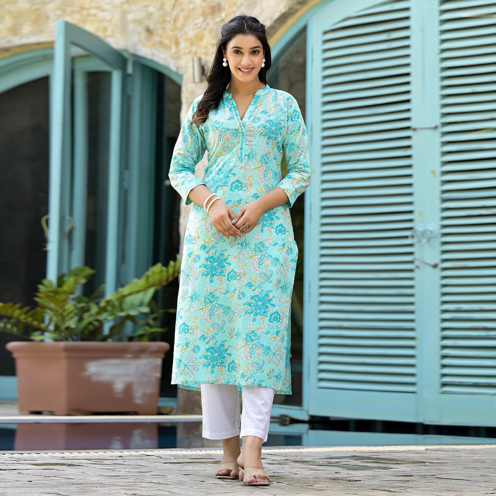 Turquoise Floral Printed Pure Cotton Straight Kurti