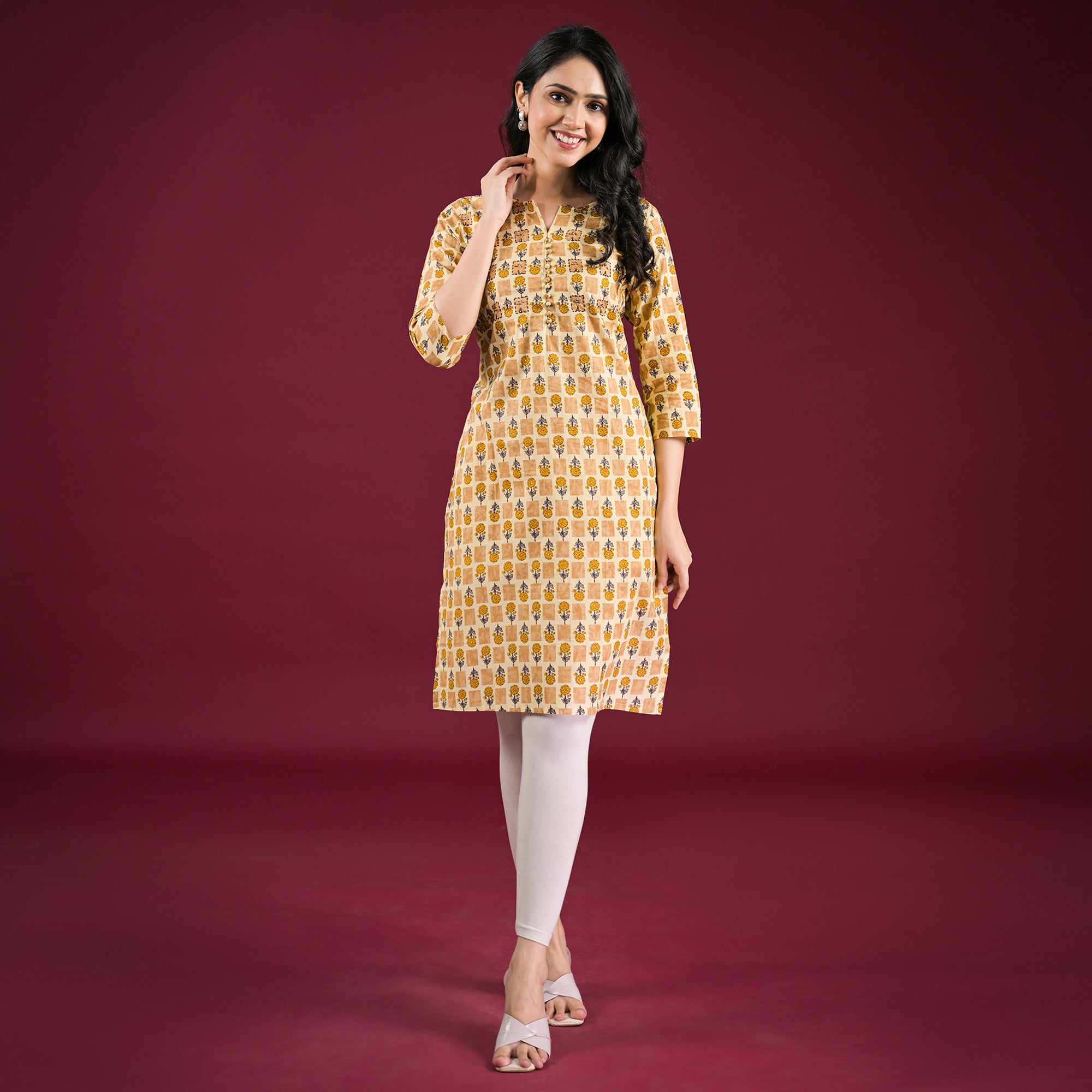 Mustard Floral Printed Pure Cotton Straight Kurti