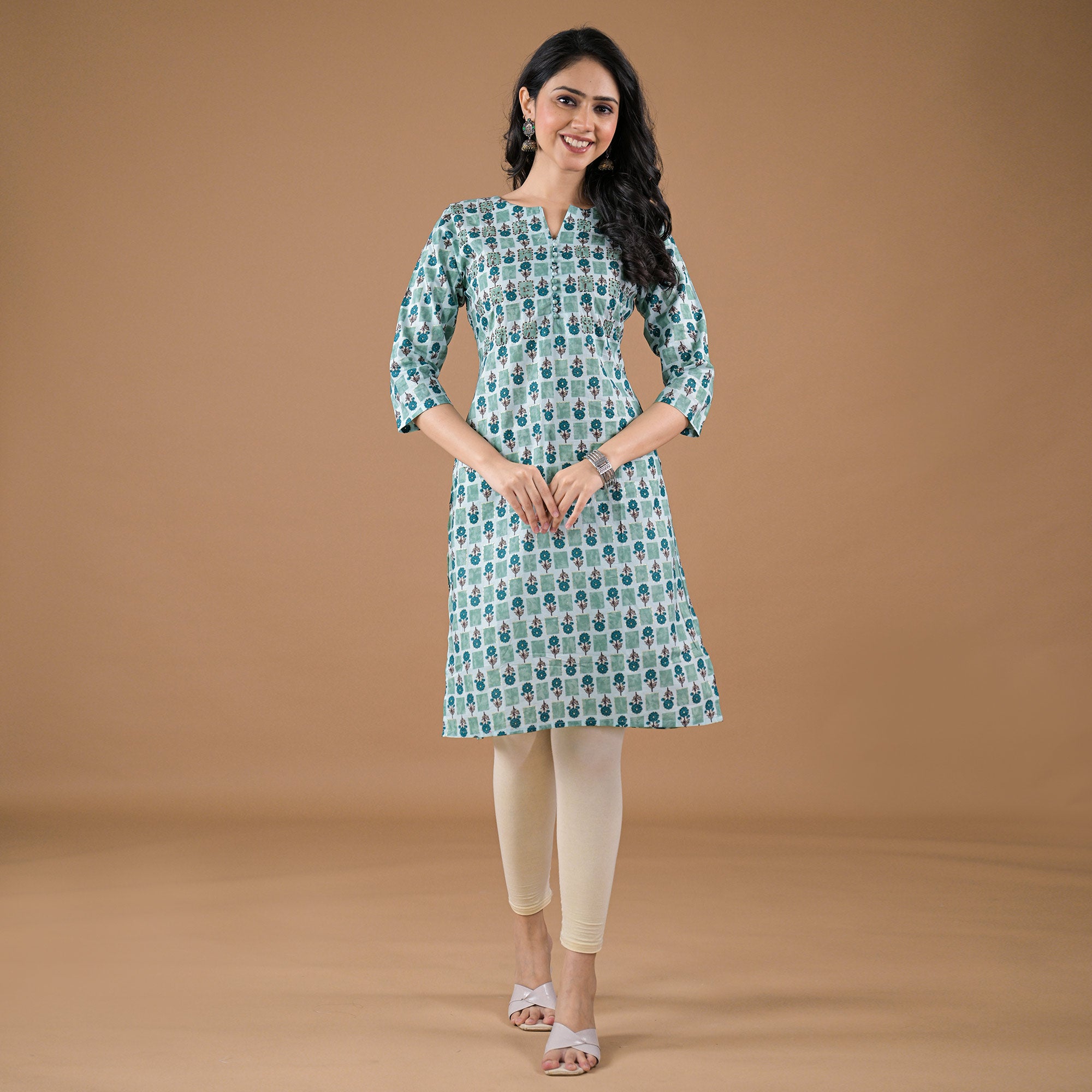 Sea Green Floral Printed Pure Cotton Straight Kurti