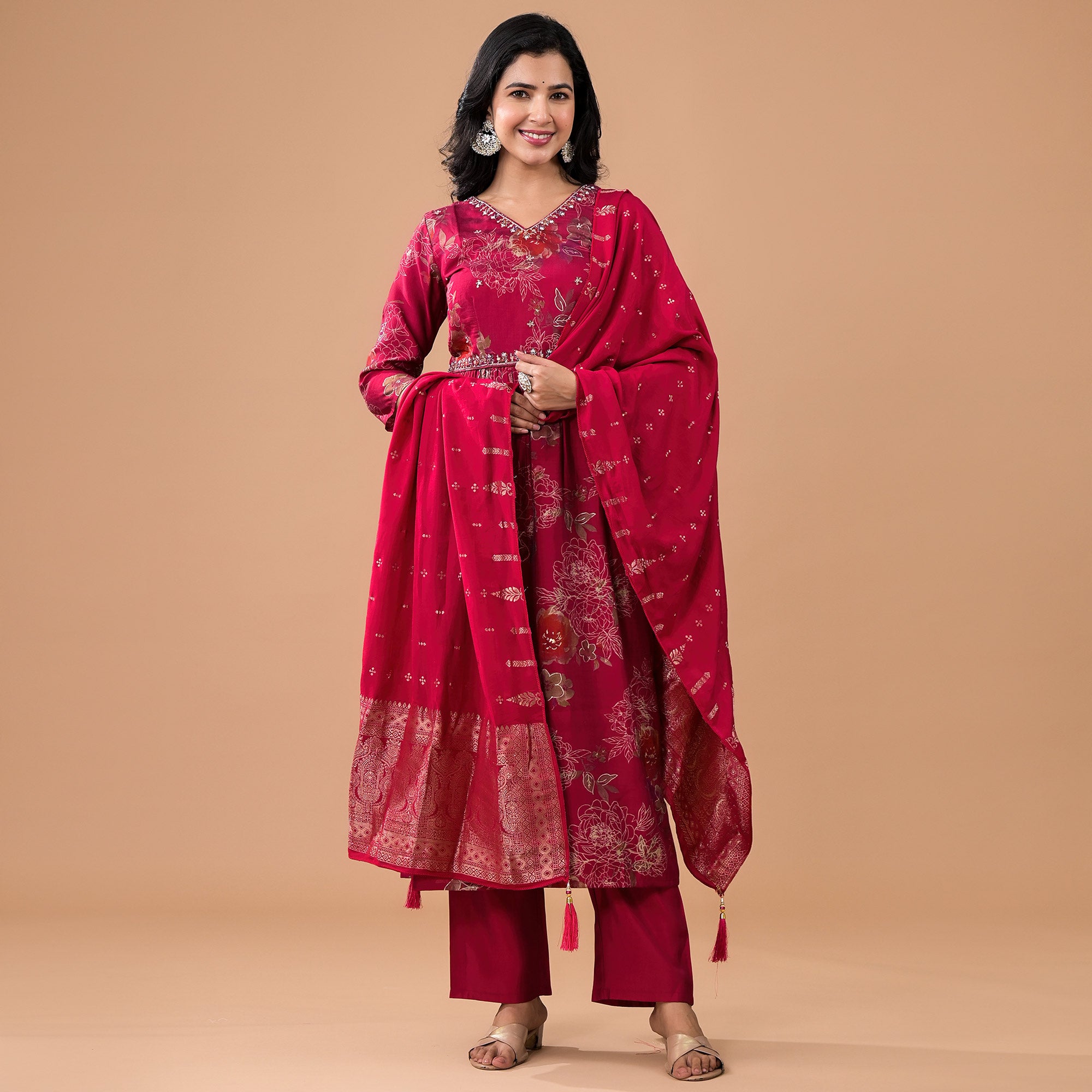 Rani Pink Floral Foil Printed With Handwork Chanderi Anarkali Suit