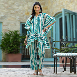 Blue Foil Printed Cambric Cotton Kaftan Style Co-Ord Set