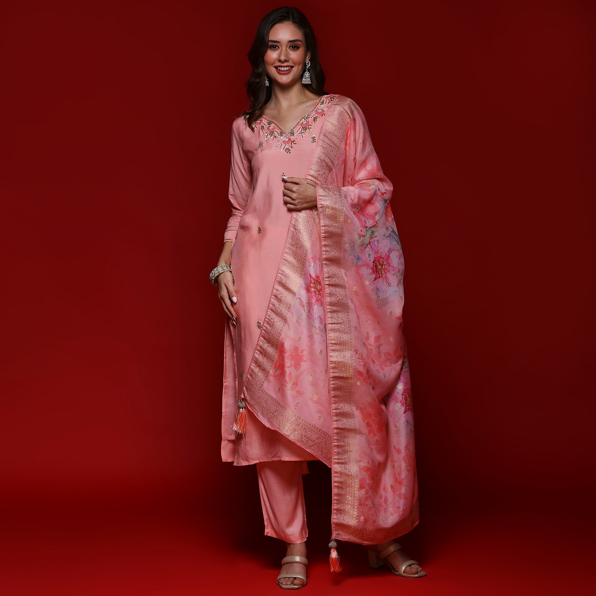 Pink Floral Embroidered Muslin Straight Salwar Suit