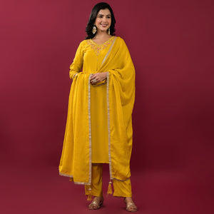 Mustard Embroidered Muslin Straight Salwar Suit