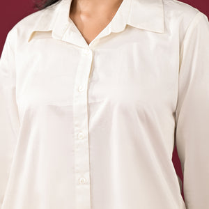 Off White Solid Satin High-Low Shirt