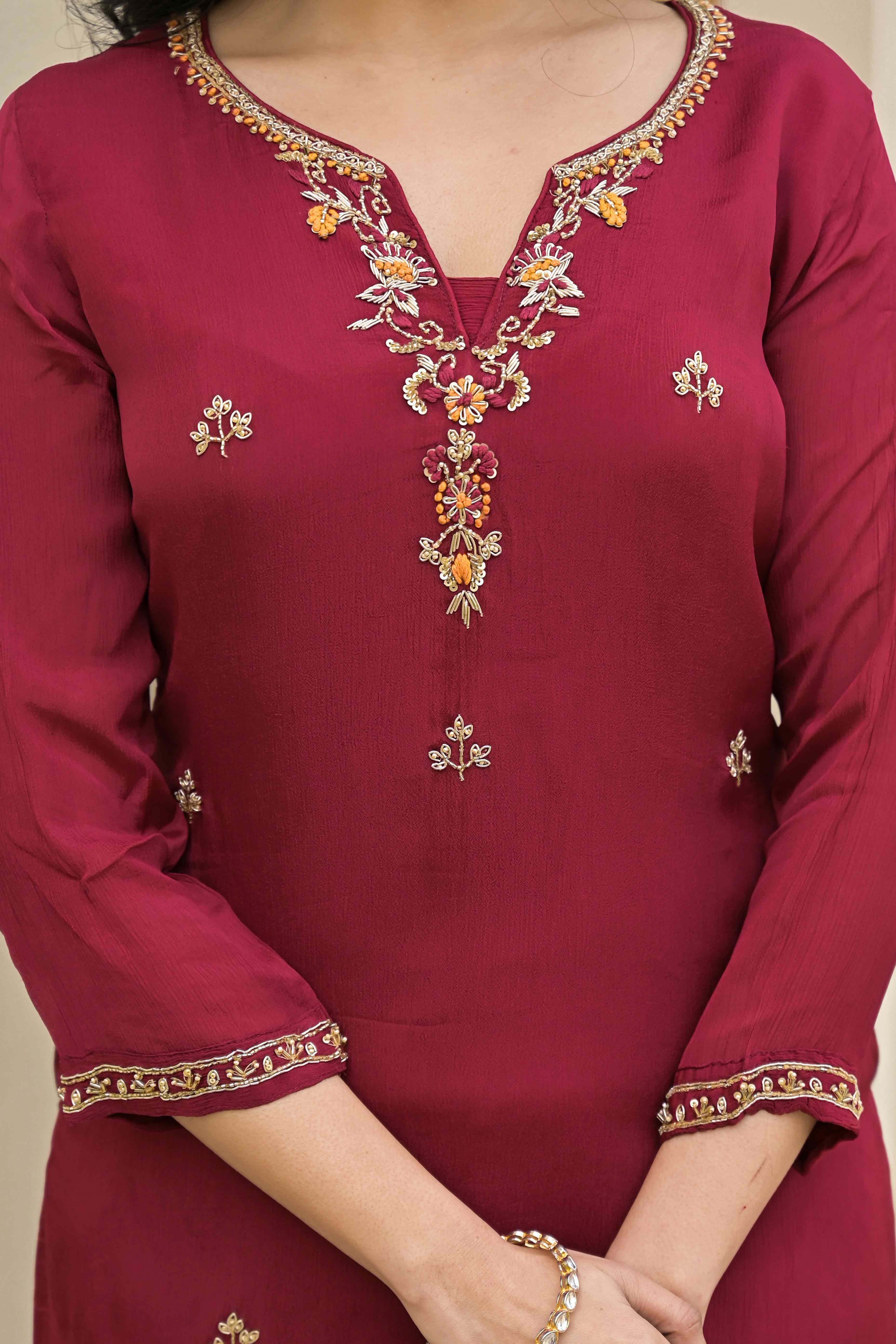 Wine Floral Embroidered Chinon Straigth Salwar Suit