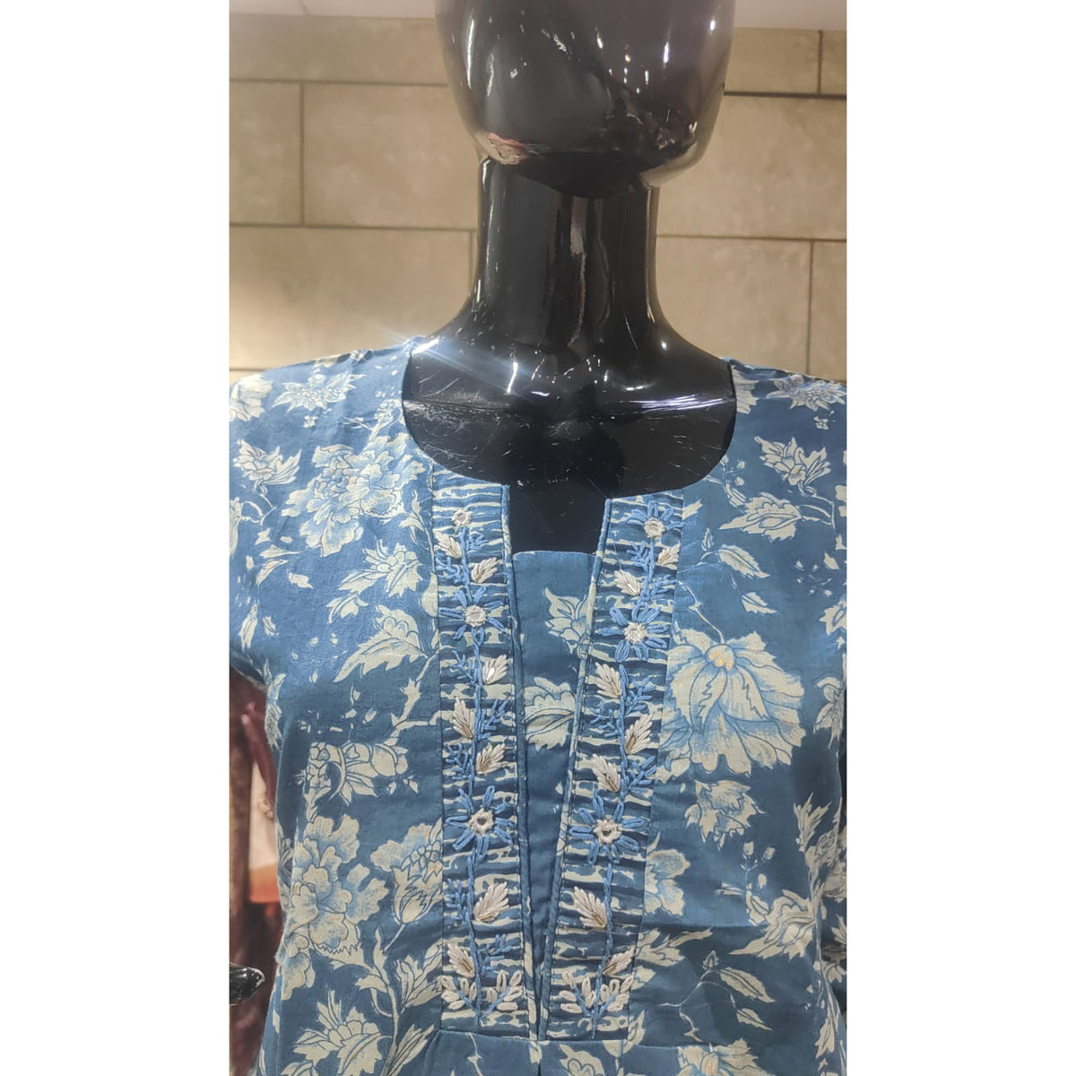Blue Floral Printed With Katha Work Pure Cotton Straight Kurti Sets