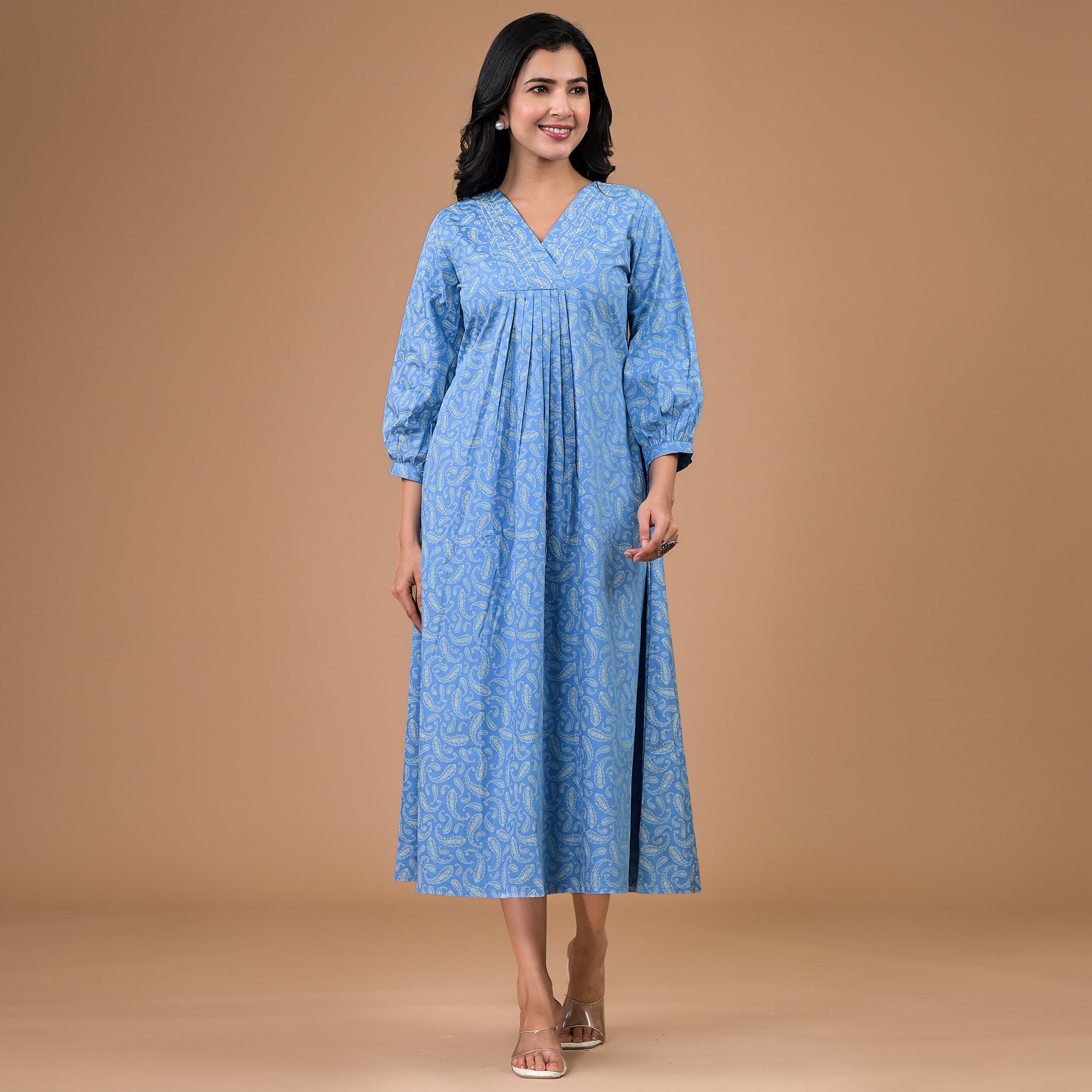 Blue Paisley Printed Satin A-Line Dress