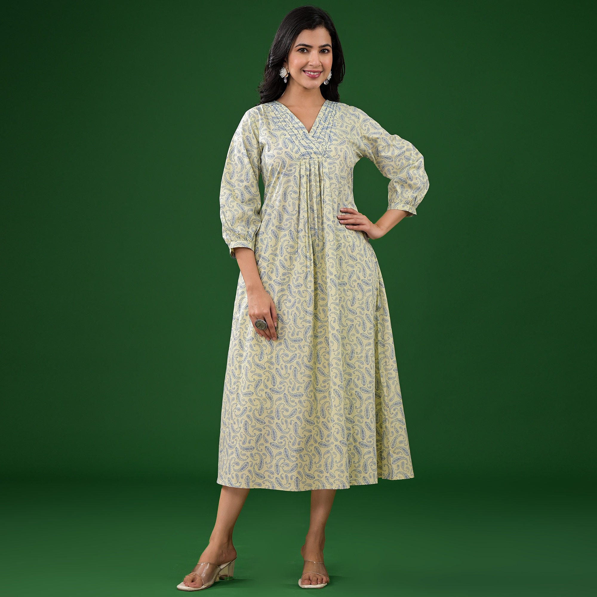 Light Lime Green Paisley Printed Pure Cotton A-Line Dress